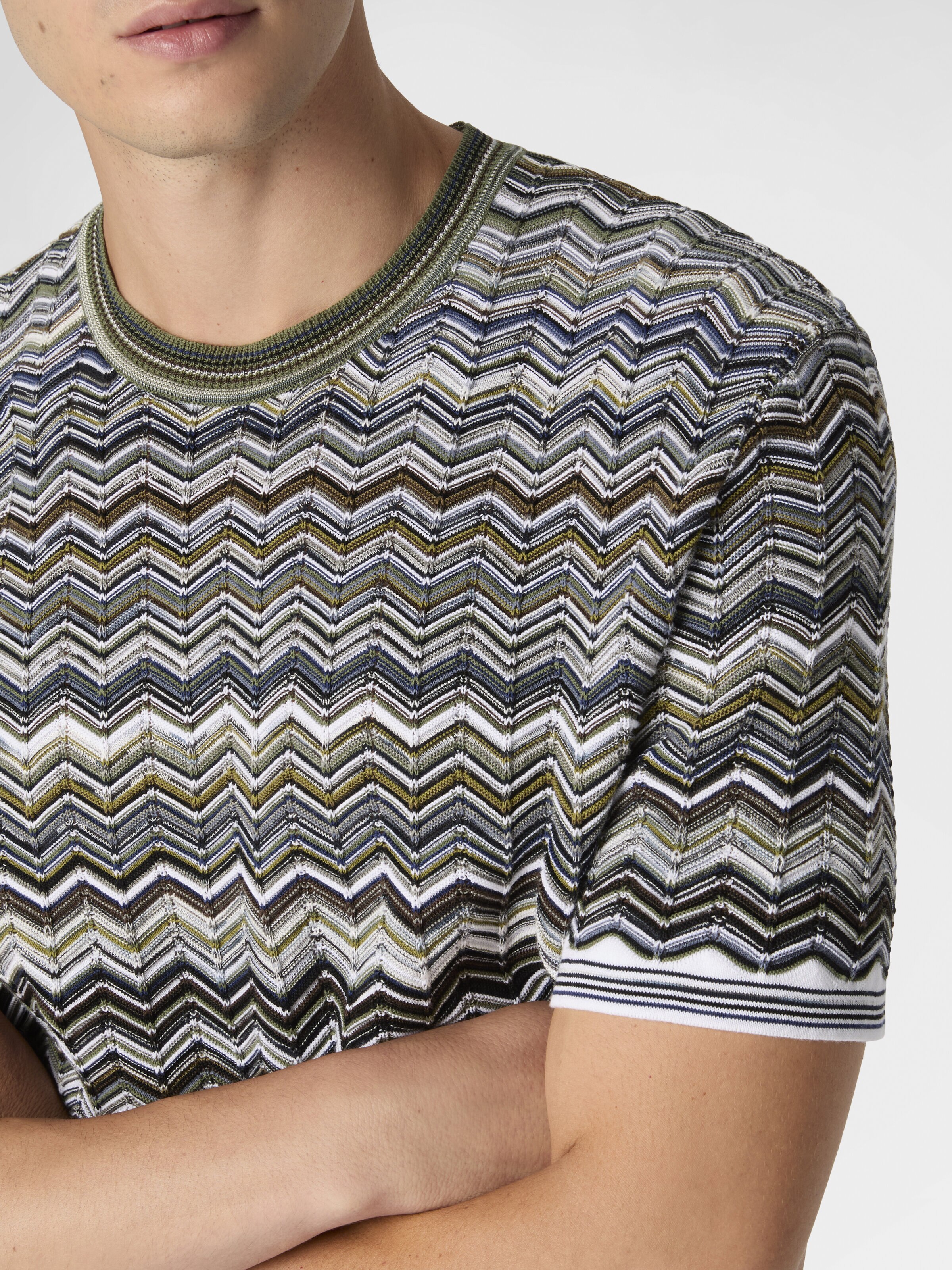 T-shirt en maille de coton à motif chevron, Beige& Blanc  - 4