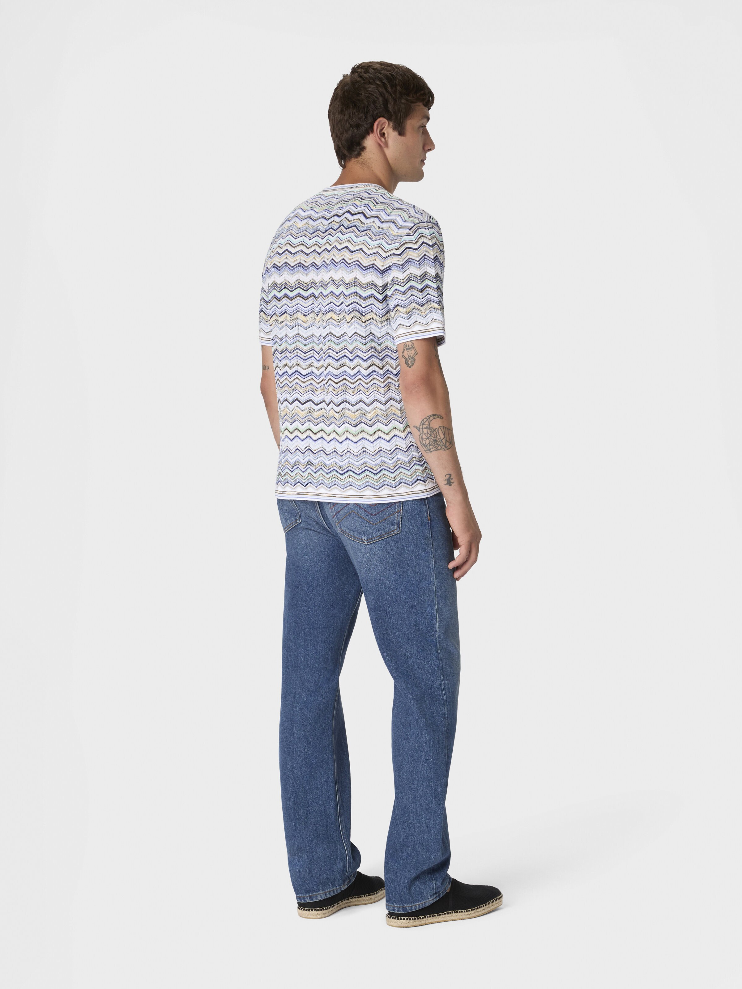 Cotton knit T-shirt with chevron pattern, Beige& White  - 2