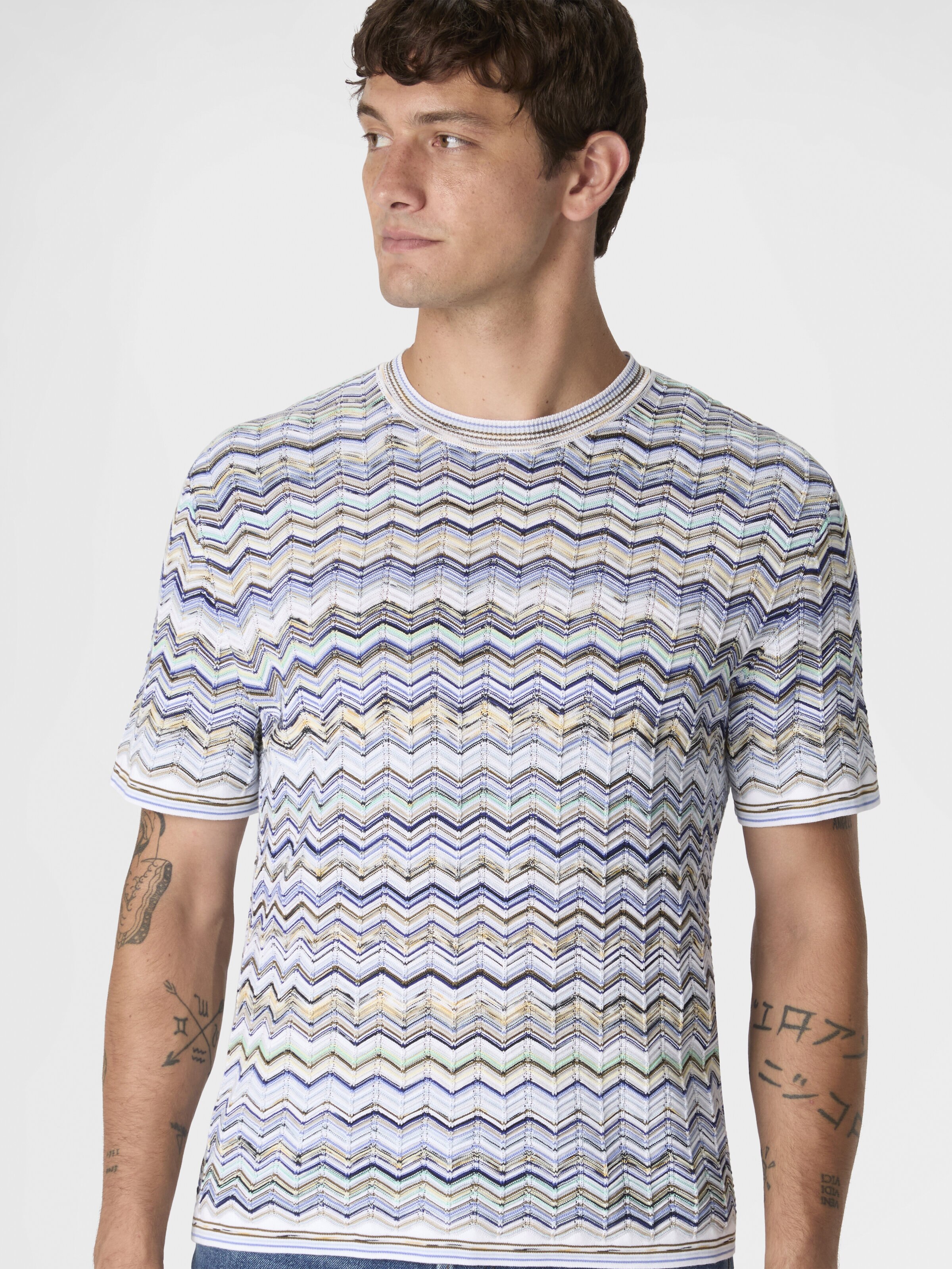 Cotton knit T-shirt with chevron pattern, Beige& White  - 3