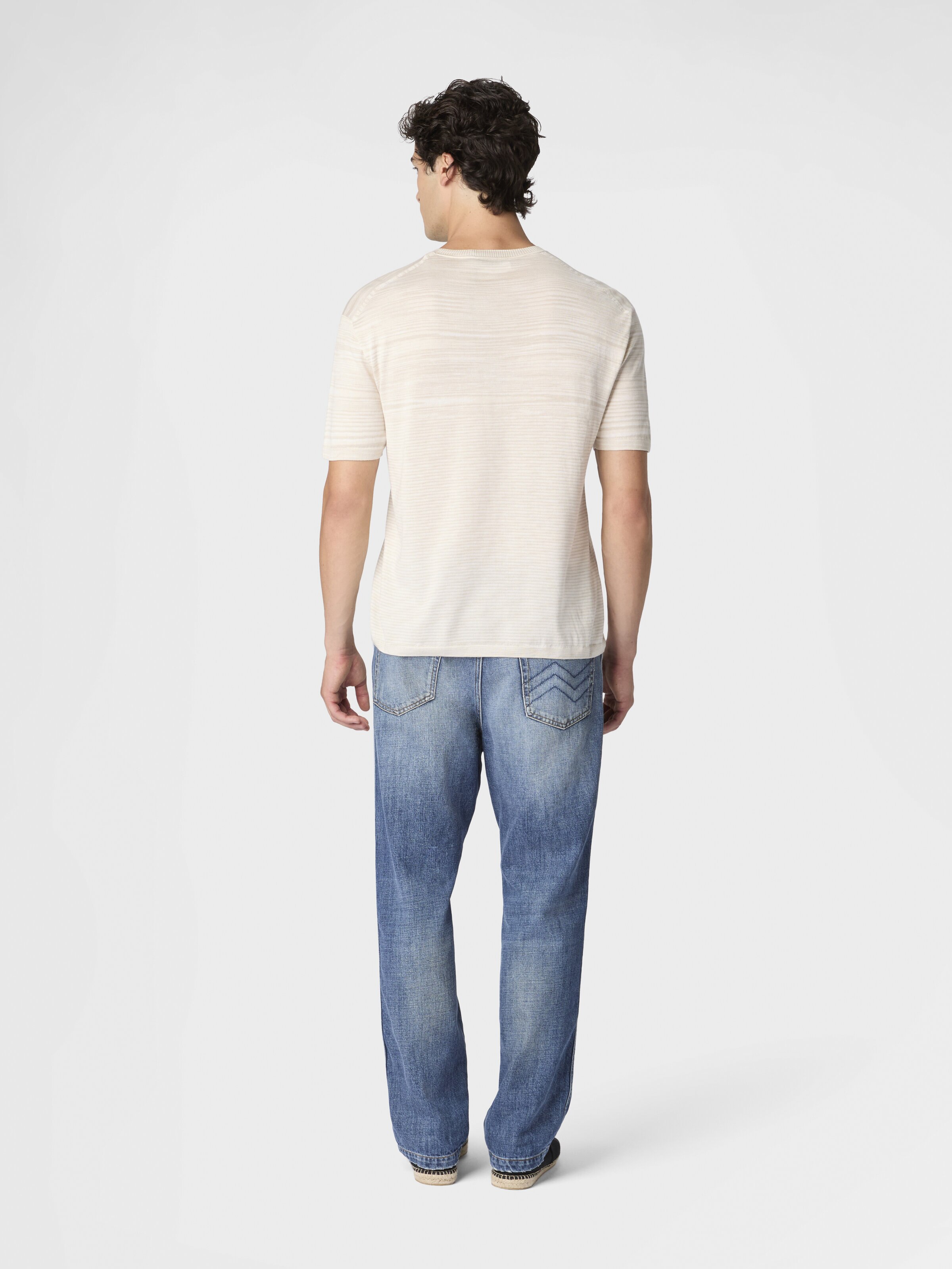 Flamed mercerized crew-neck cotton T-shirt, Beige& White  - 2