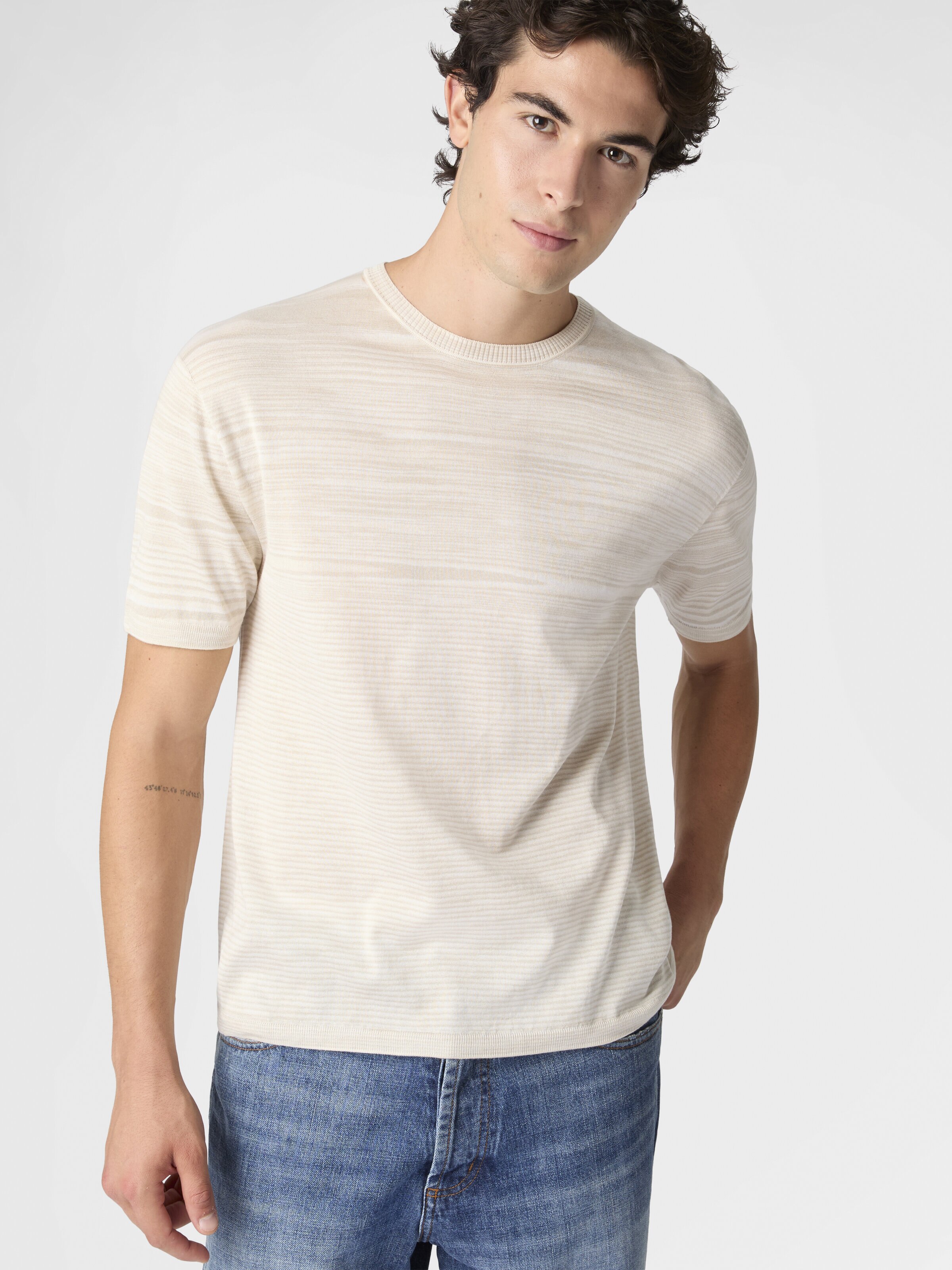 Flamed mercerized crew-neck cotton T-shirt, Beige& White  - 3