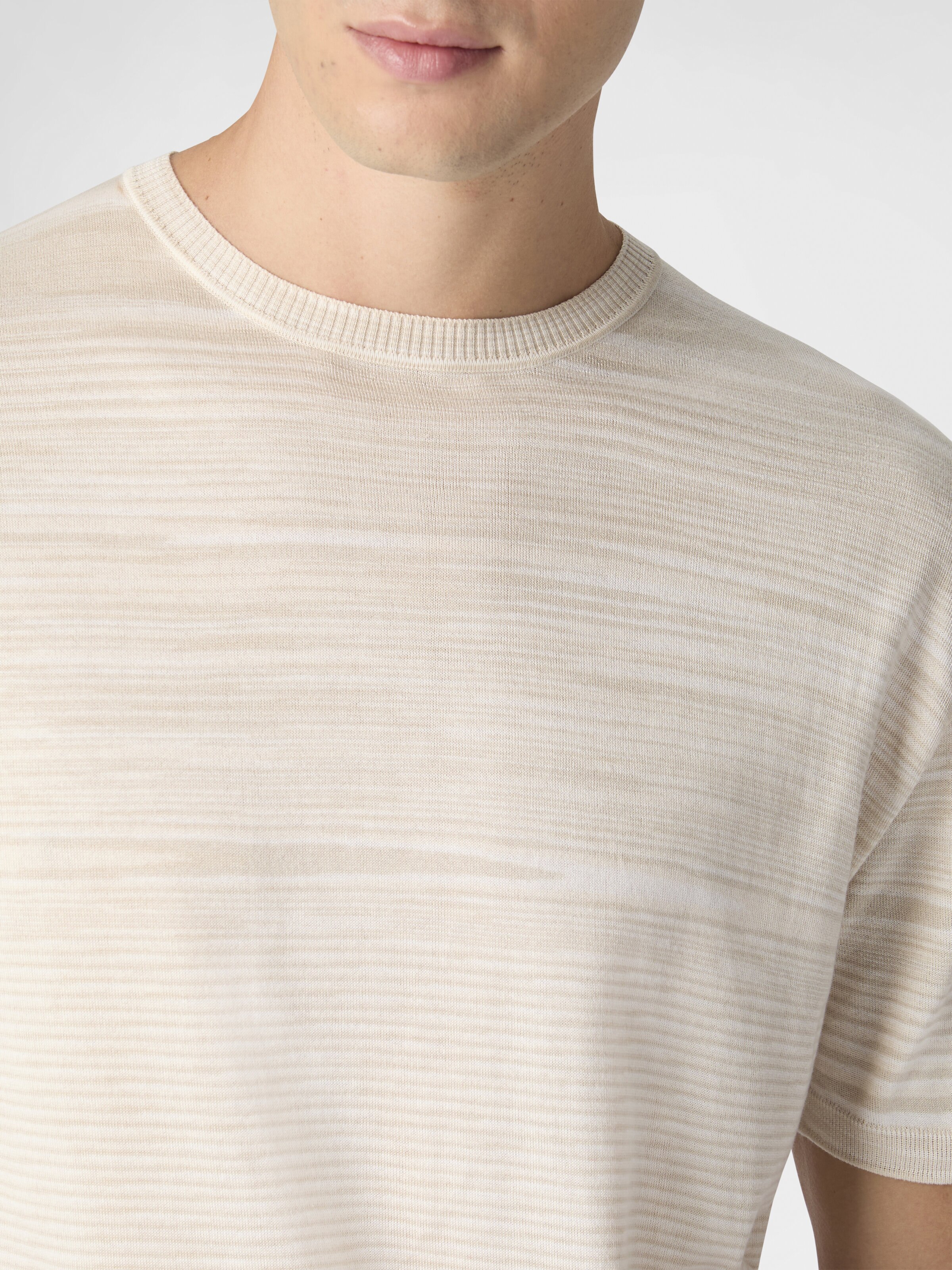 Flamed mercerized crew-neck cotton T-shirt, Beige& White  - 4