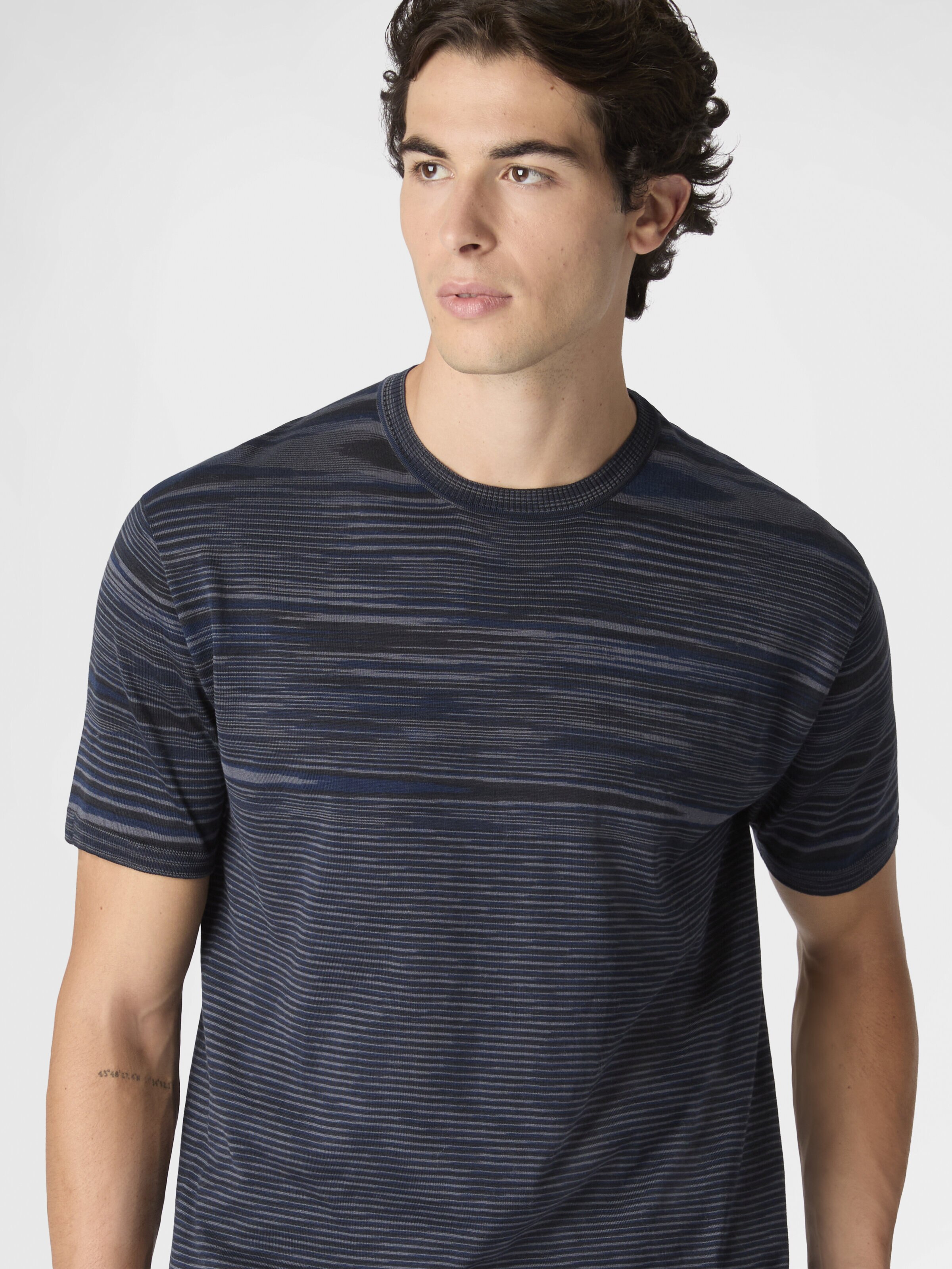 Flamed mercerized crew-neck cotton T-shirt, Navy Blue & Grey - 3