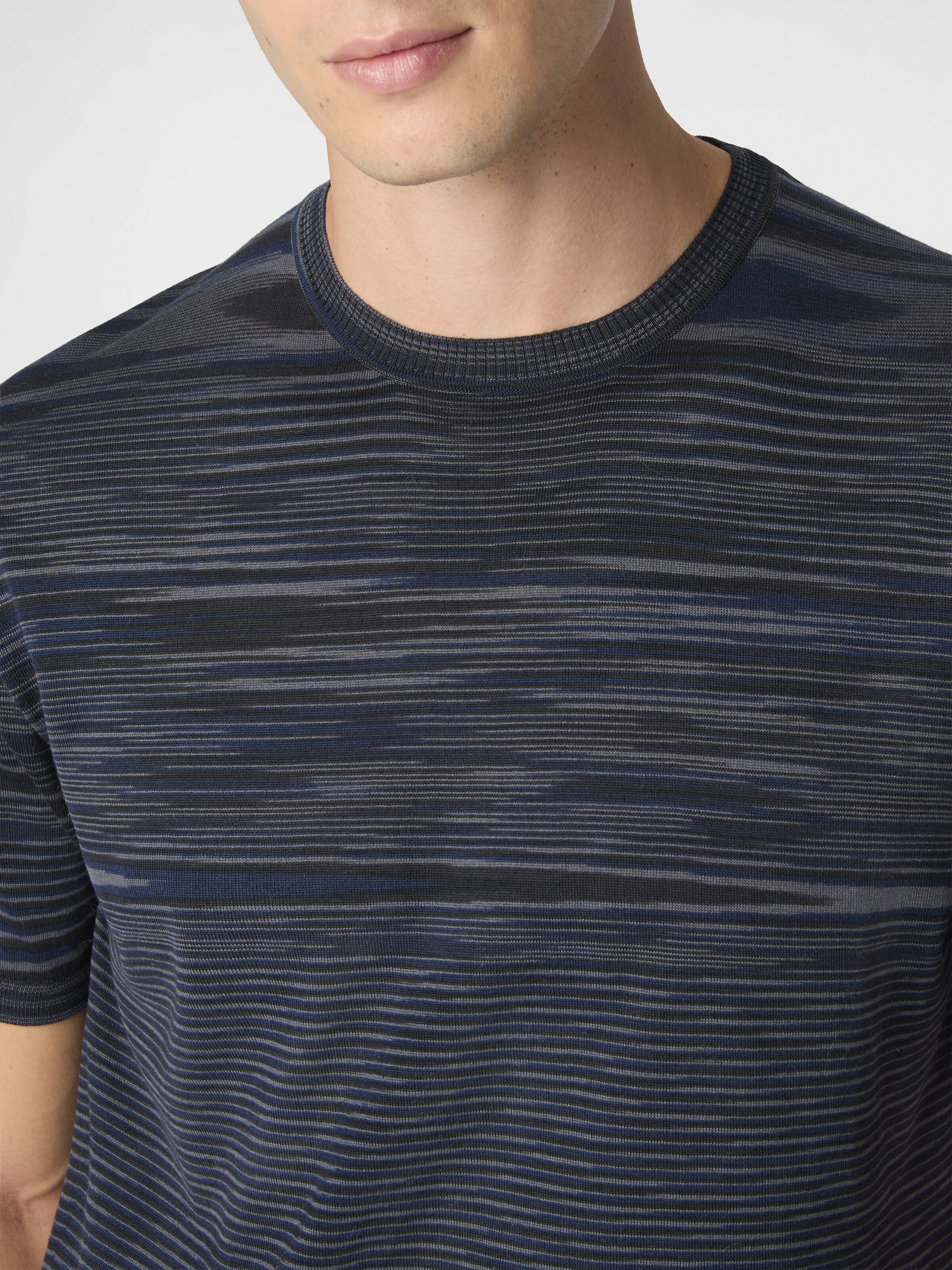 Flamed mercerized crew-neck cotton T-shirt, Navy Blue & Grey - 4