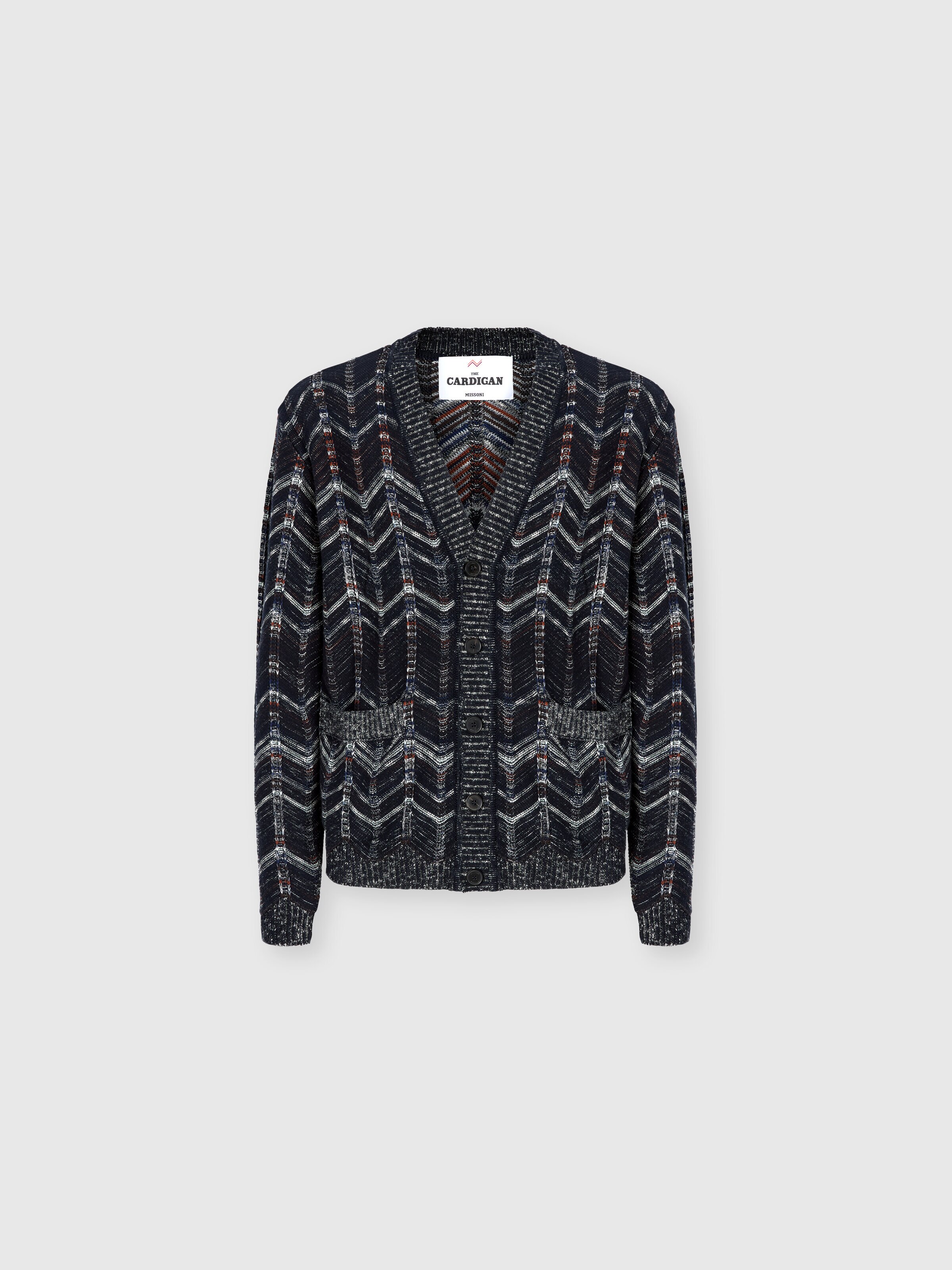 Cárdigan de algodón con motivo de chevron y ribetes acanalados, Azul Oscuro - 0
