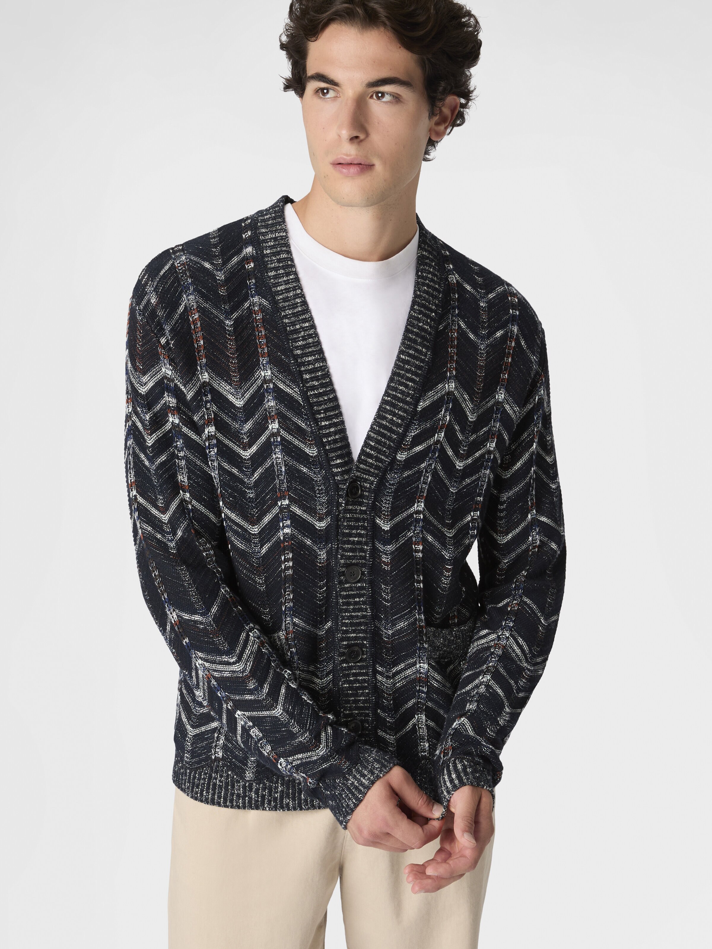 Cárdigan de algodón con motivo de chevron y ribetes acanalados, Azul Oscuro - 3