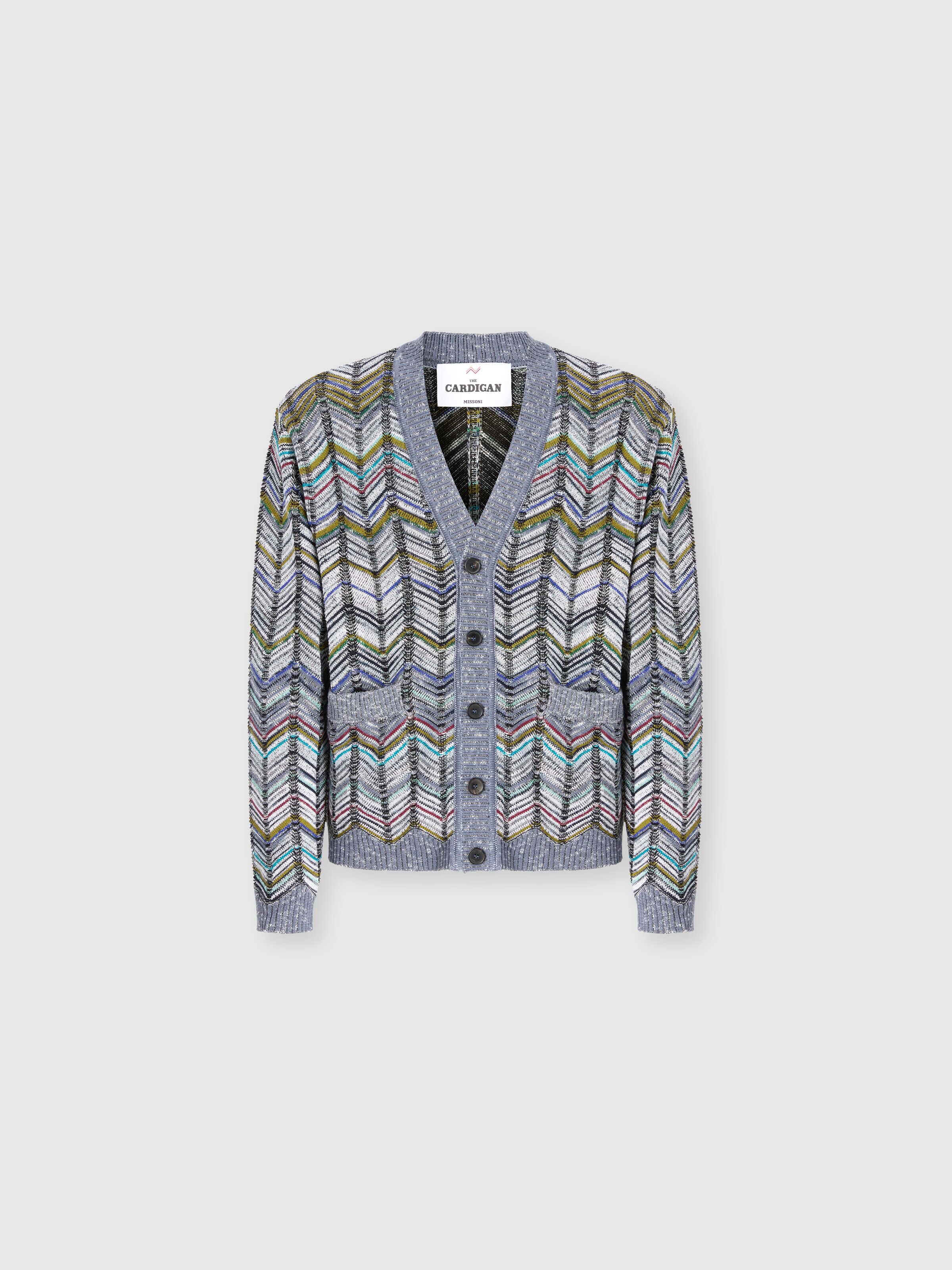 Cárdigan de algodón con motivo de chevron y bolsillos, Gris Multicolor  - 0
