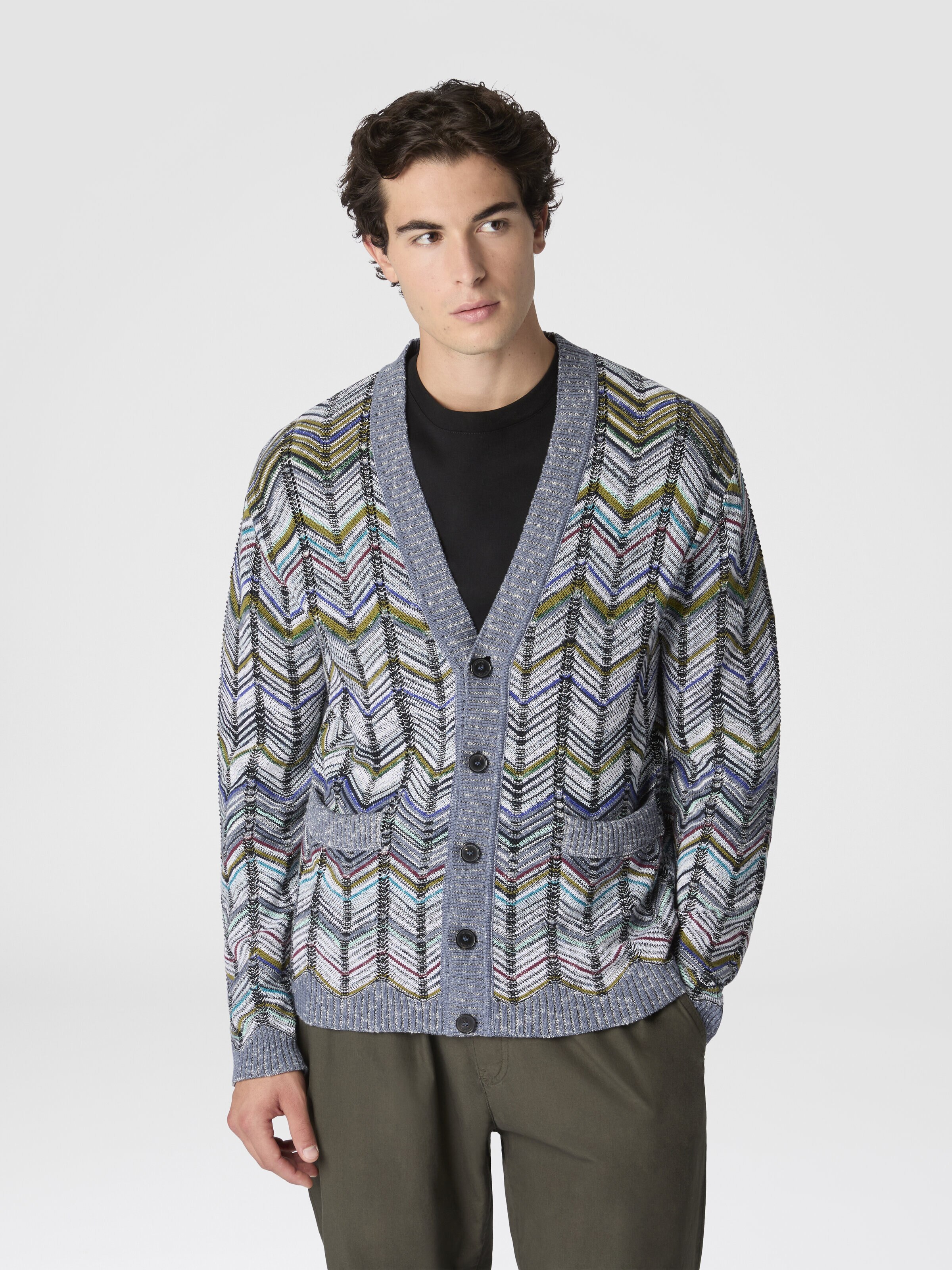 Cárdigan de algodón con motivo de chevron y bolsillos, Gris Multicolor  - 3