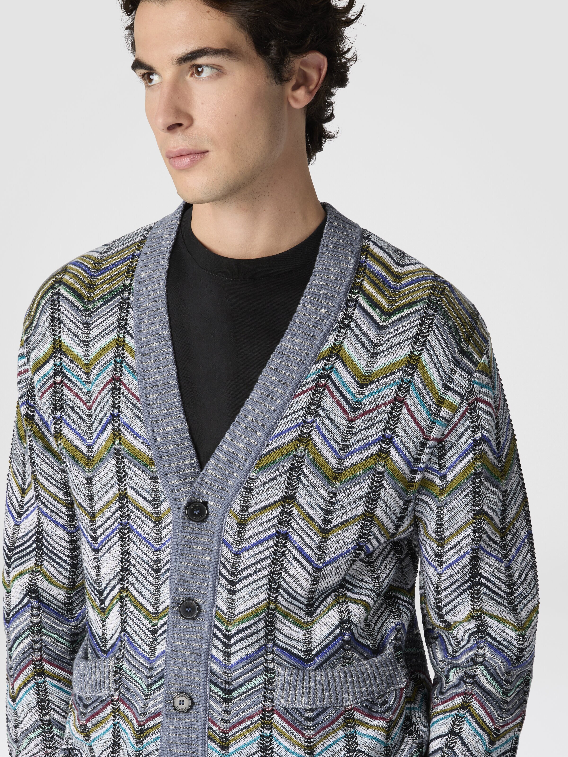 Cárdigan de algodón con motivo de chevron y bolsillos, Gris Multicolor  - 4