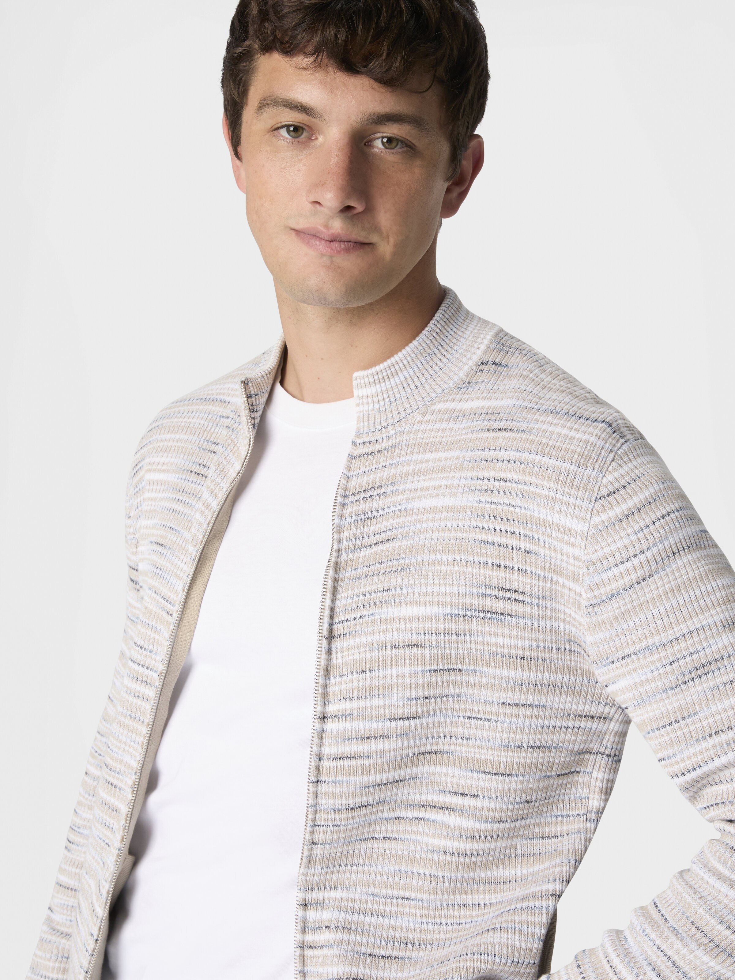 Ribbed cotton cardigan with mock neck and flamed texture, Multicoloured  - 3