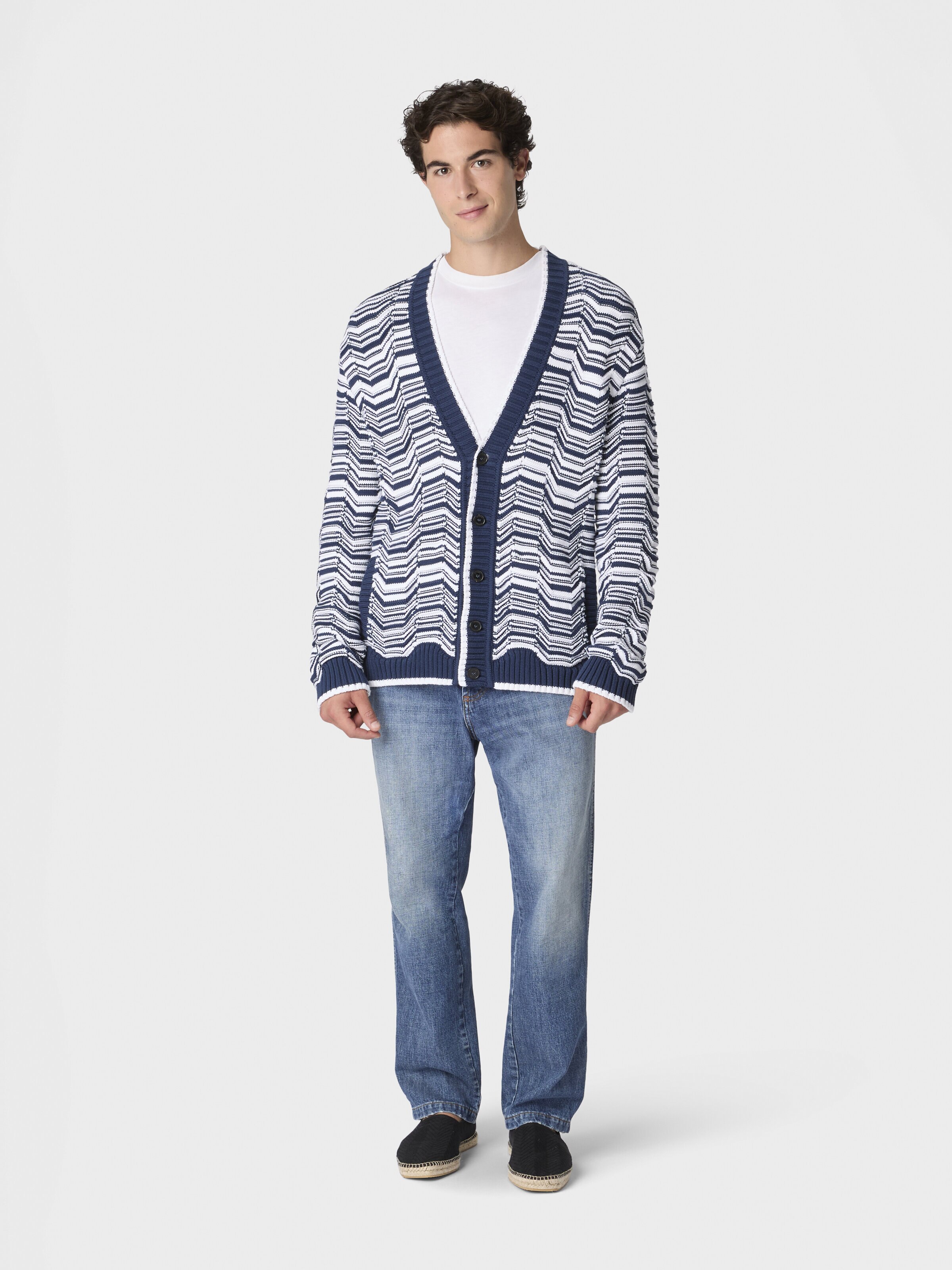 Cotton-blend cardigan with Greek motif, White & Blue - 1