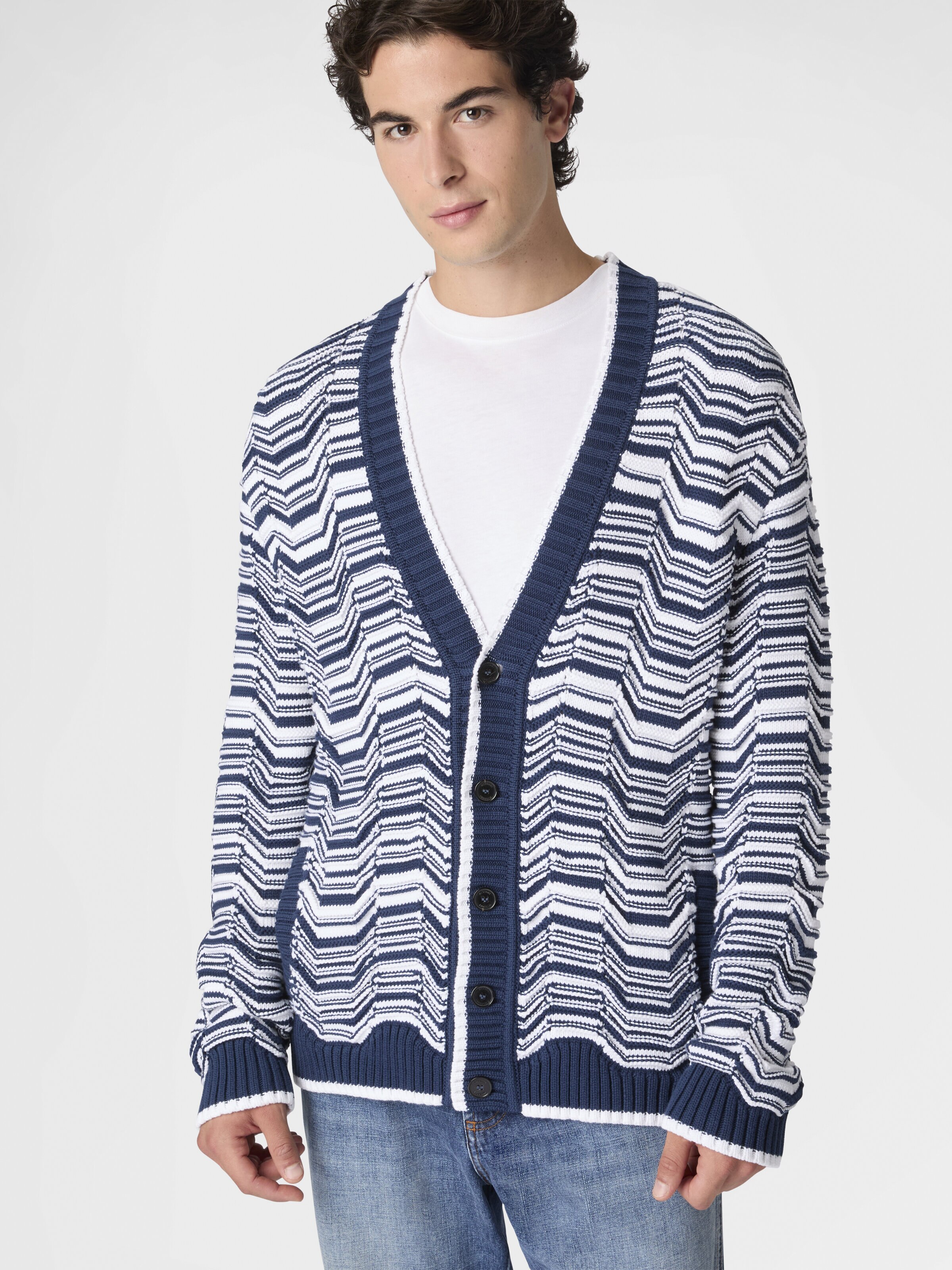 Cotton-blend cardigan with Greek motif, White & Blue - 3