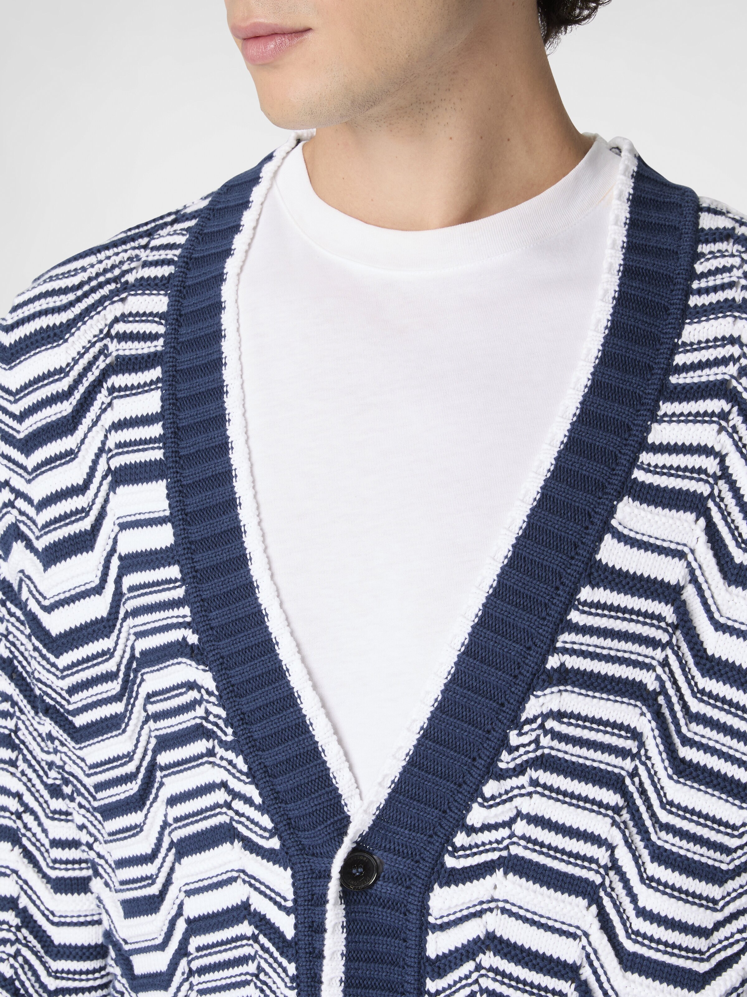 Cotton-blend cardigan with Greek motif, White & Blue - 4