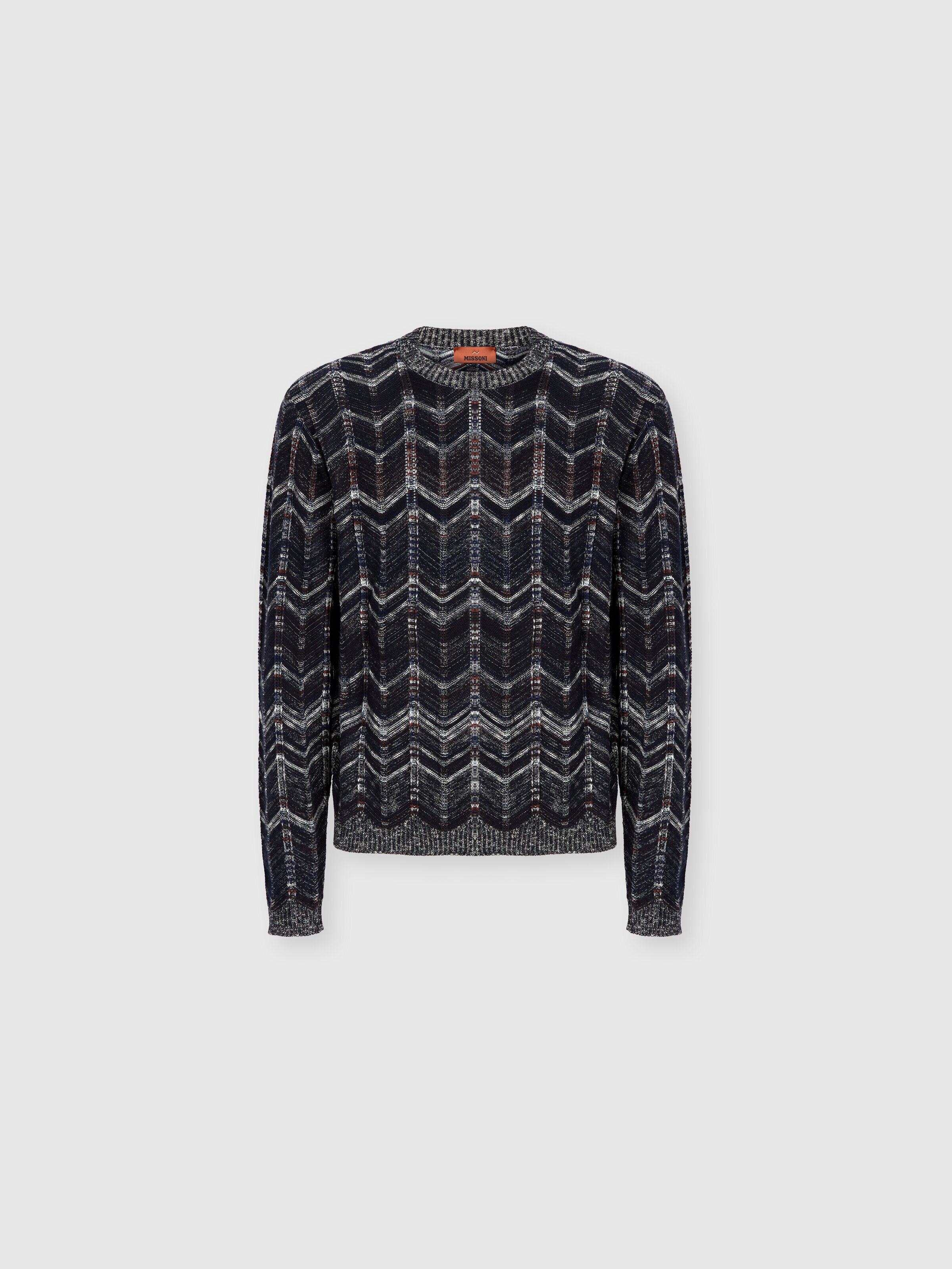 Crew-neck cotton chevron pullover with ribbed trims, Blue - 0