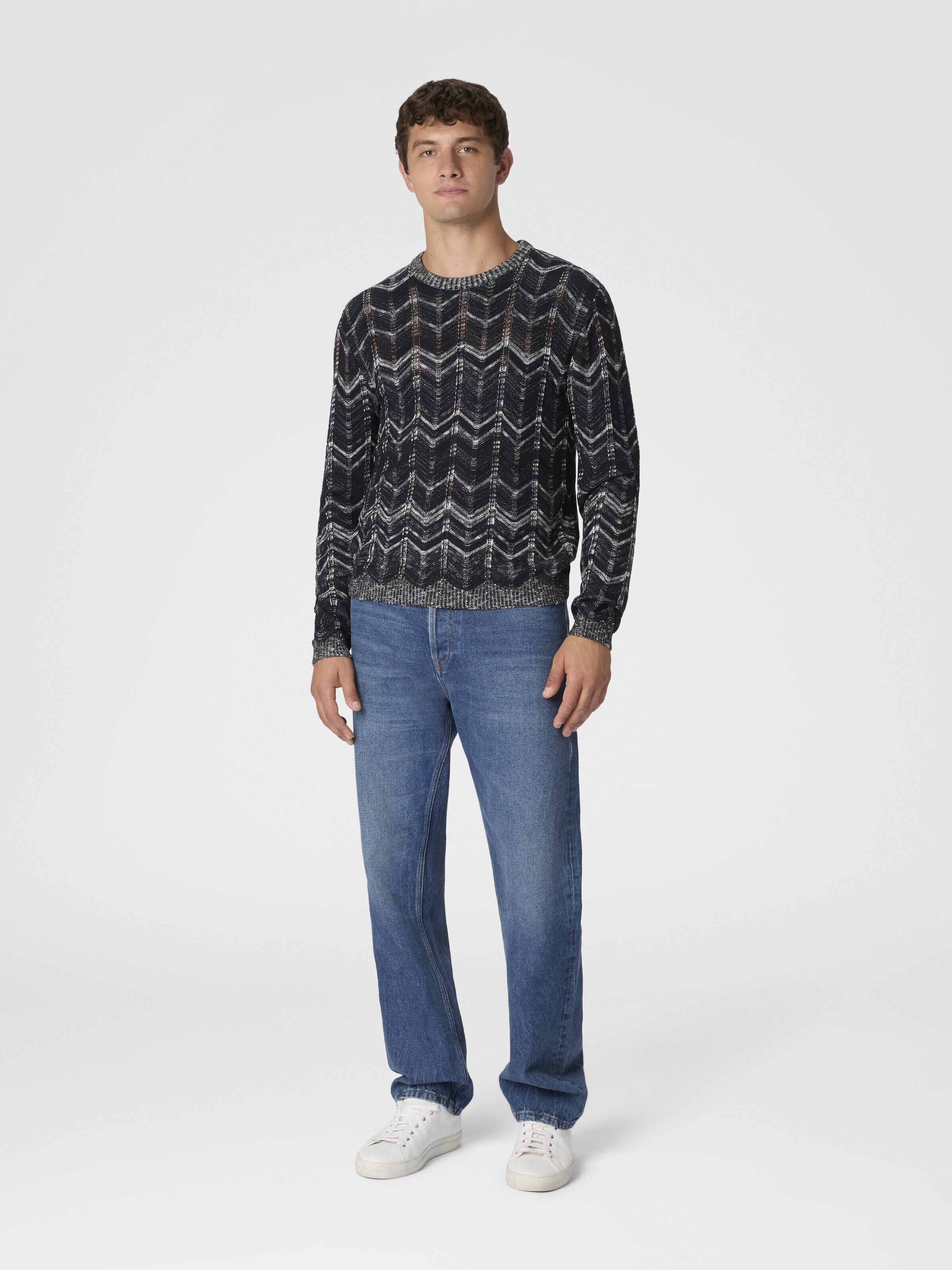 Crew-neck cotton chevron pullover with ribbed trims, Blue - 1