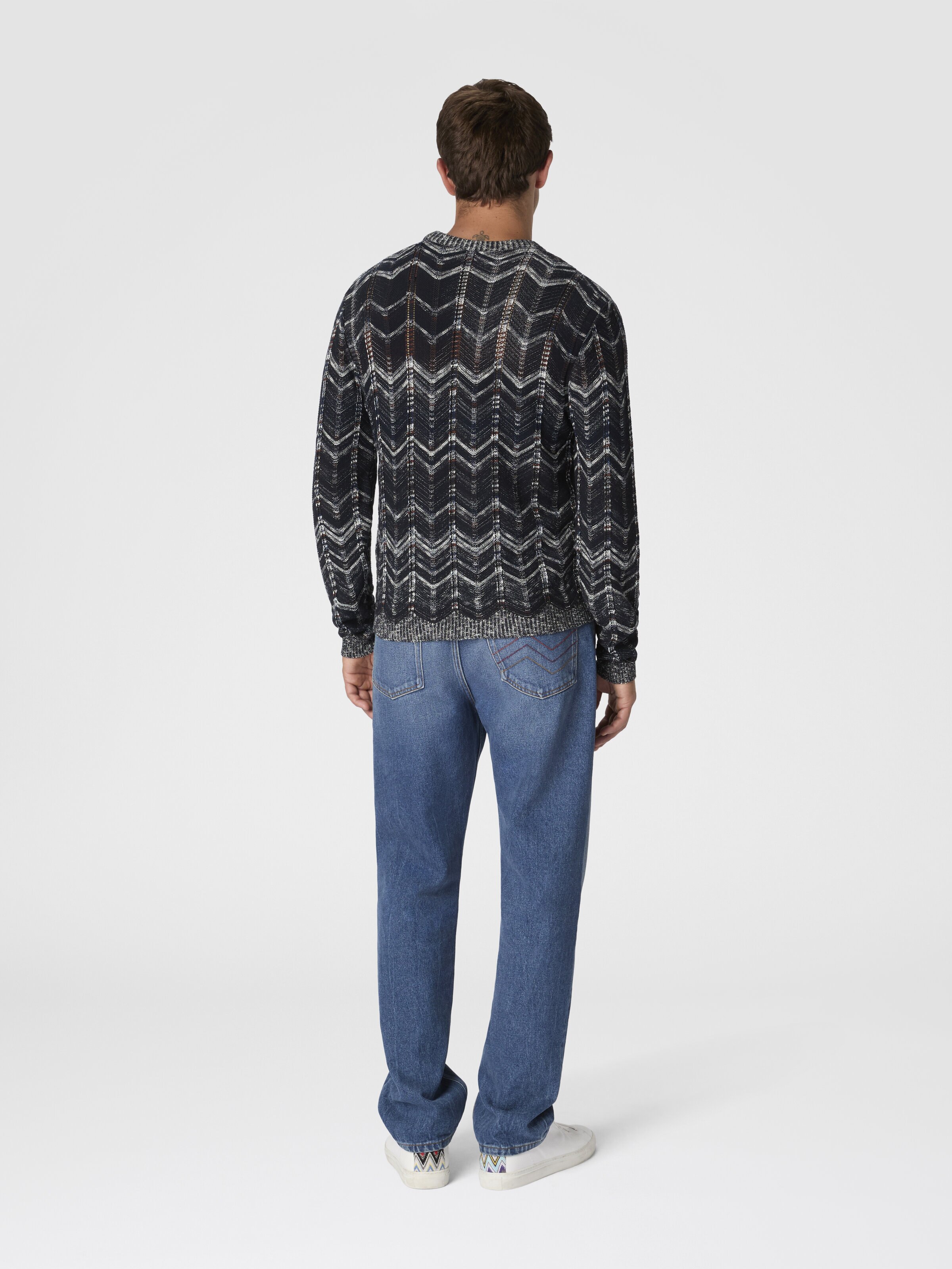Crew-neck cotton chevron pullover with ribbed trims, Blue - 2