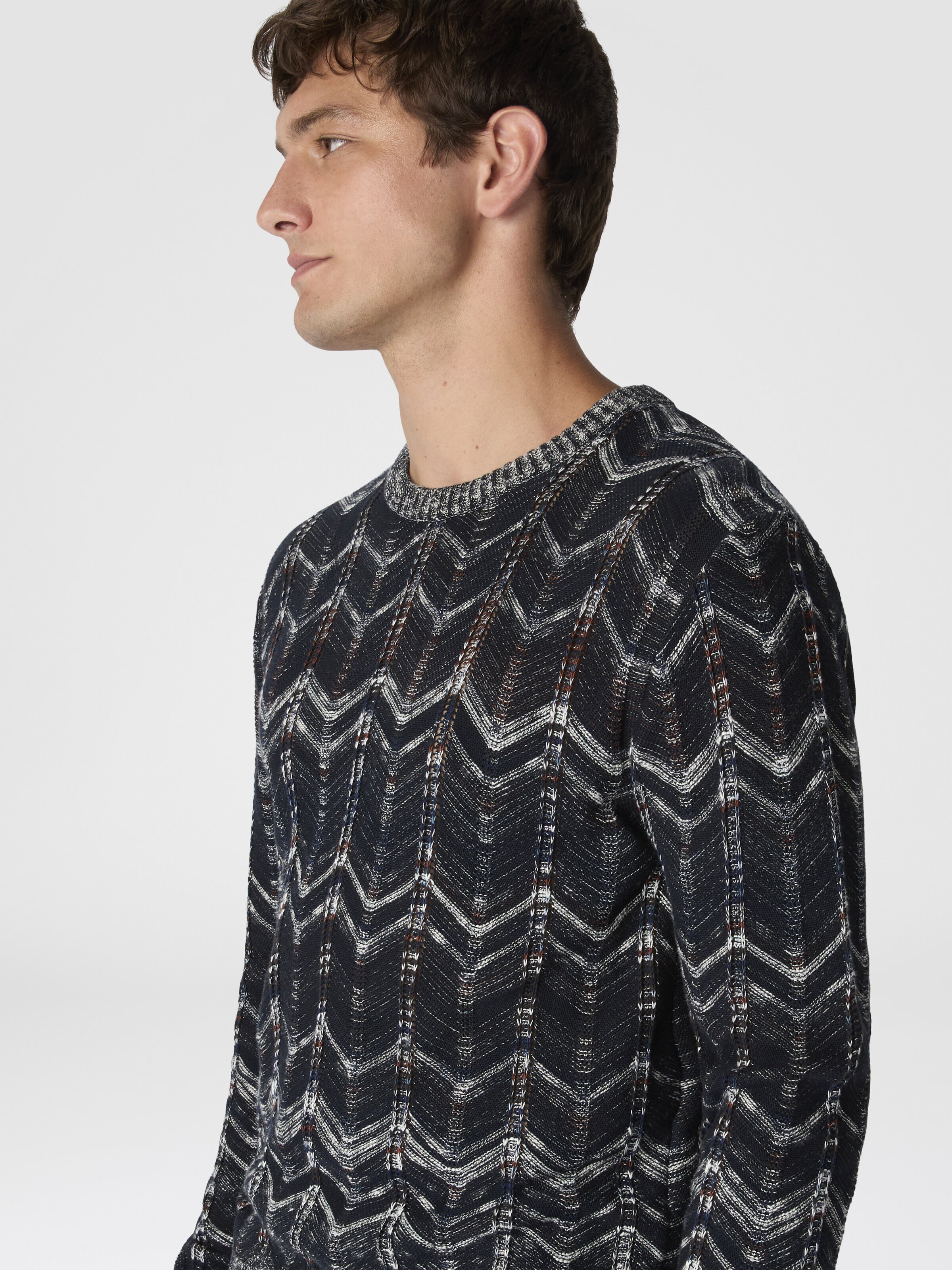 Crew-neck cotton chevron pullover with ribbed trims, Blue - 3