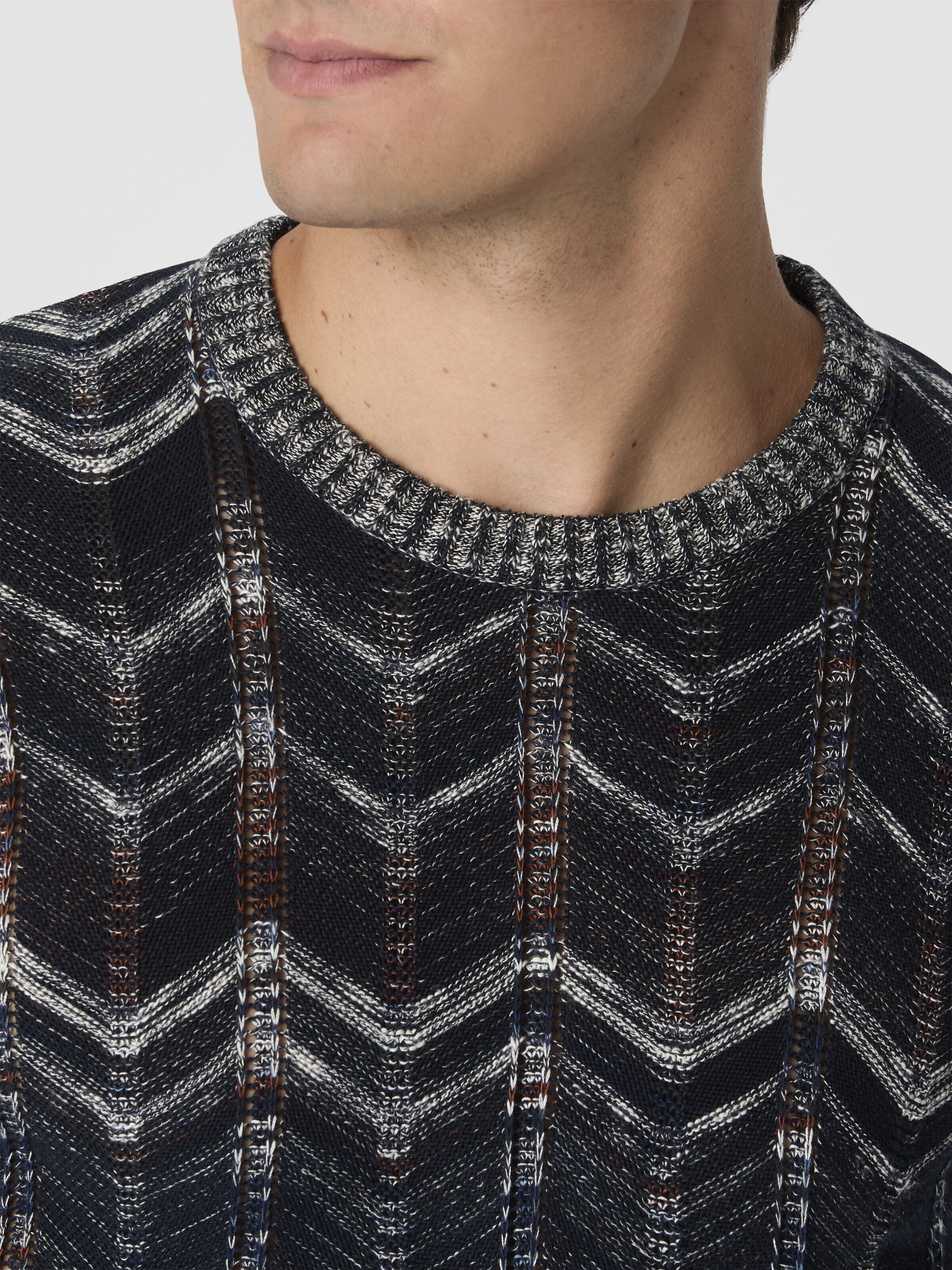 Crew-neck cotton chevron pullover with ribbed trims, Blue - 4