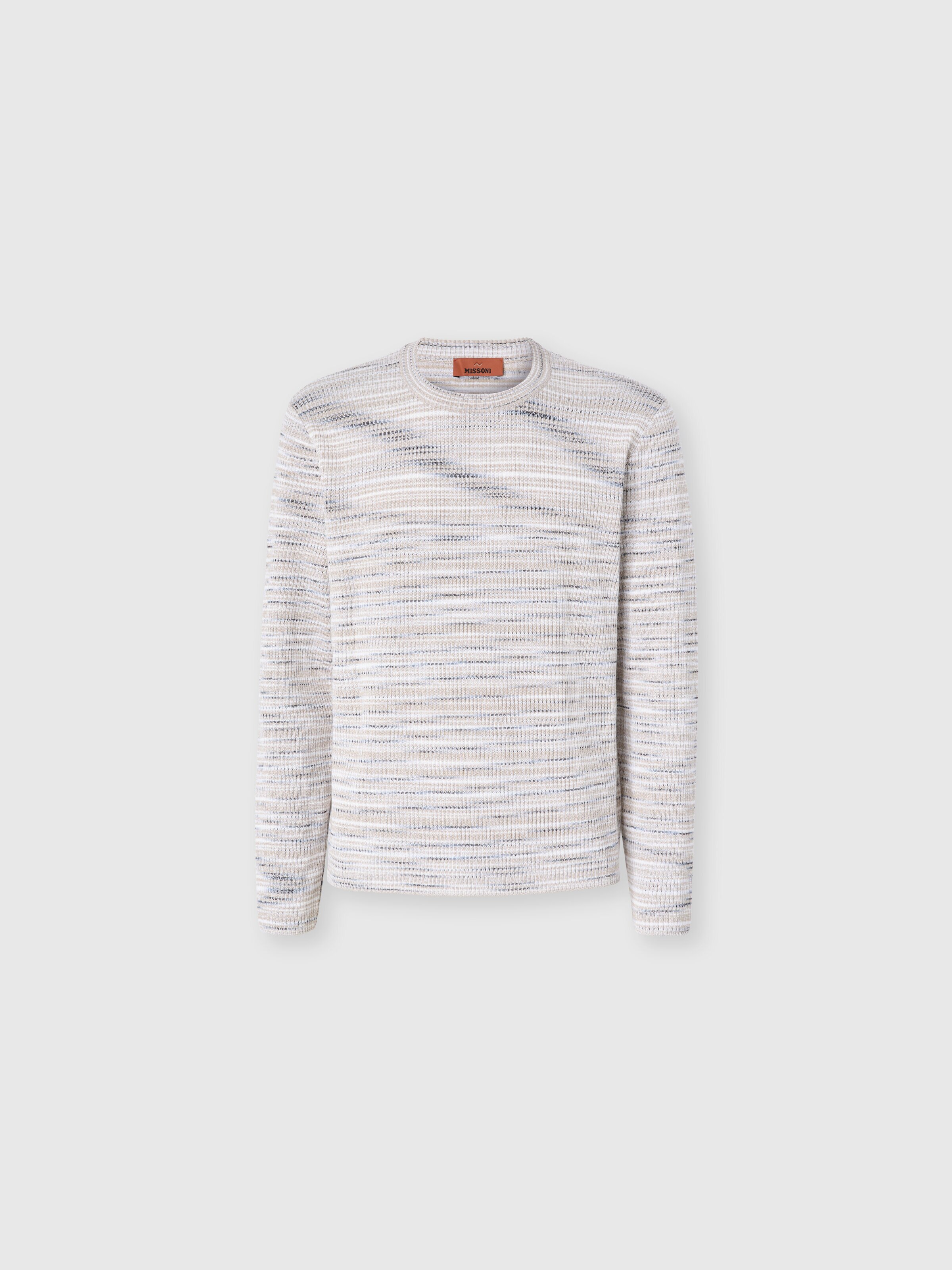 Ribbed crew-neck flamed cotton pullover, Multicoloured  - 0