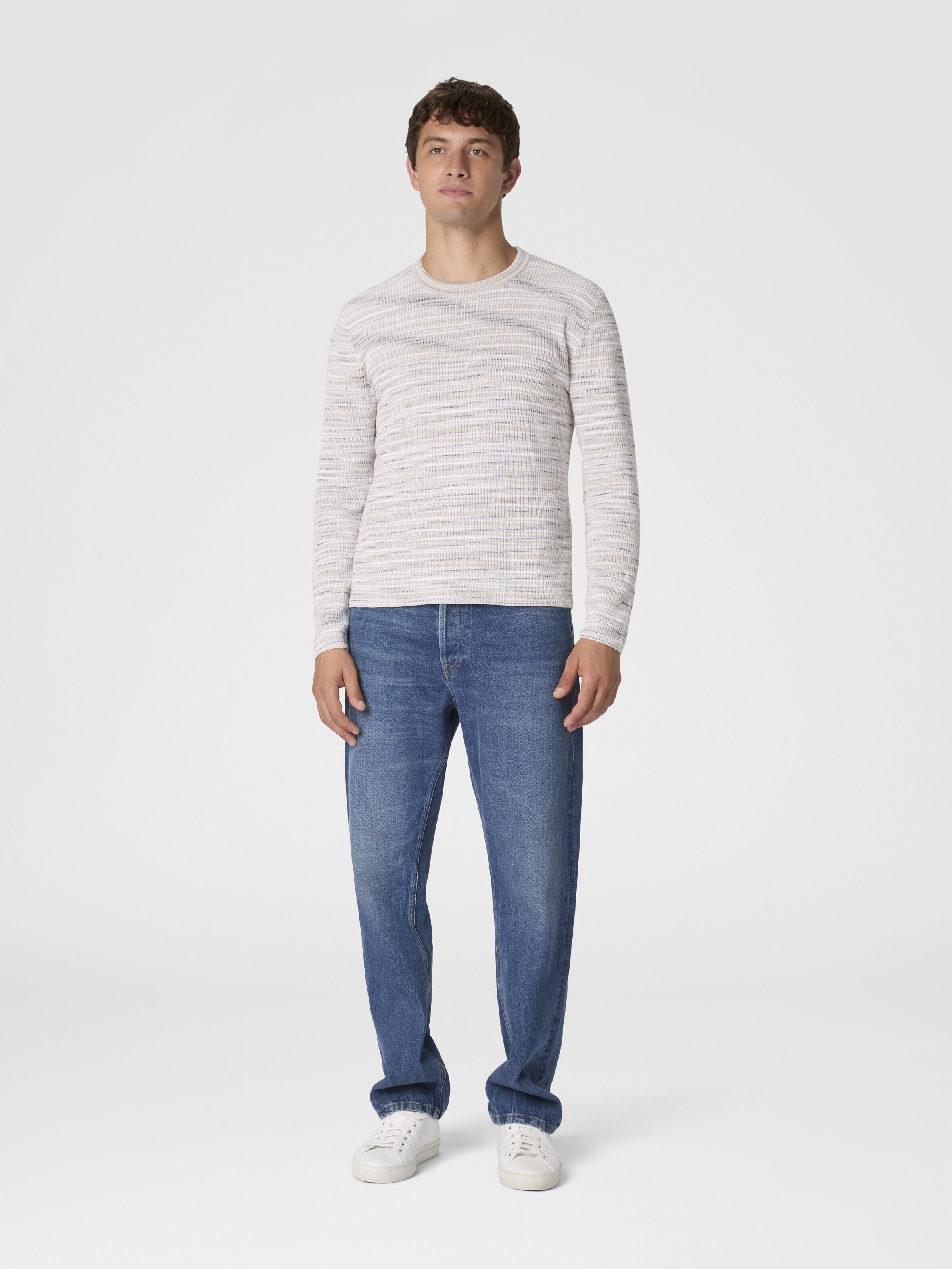 Ribbed crew-neck flamed cotton pullover, Multicoloured  - 1