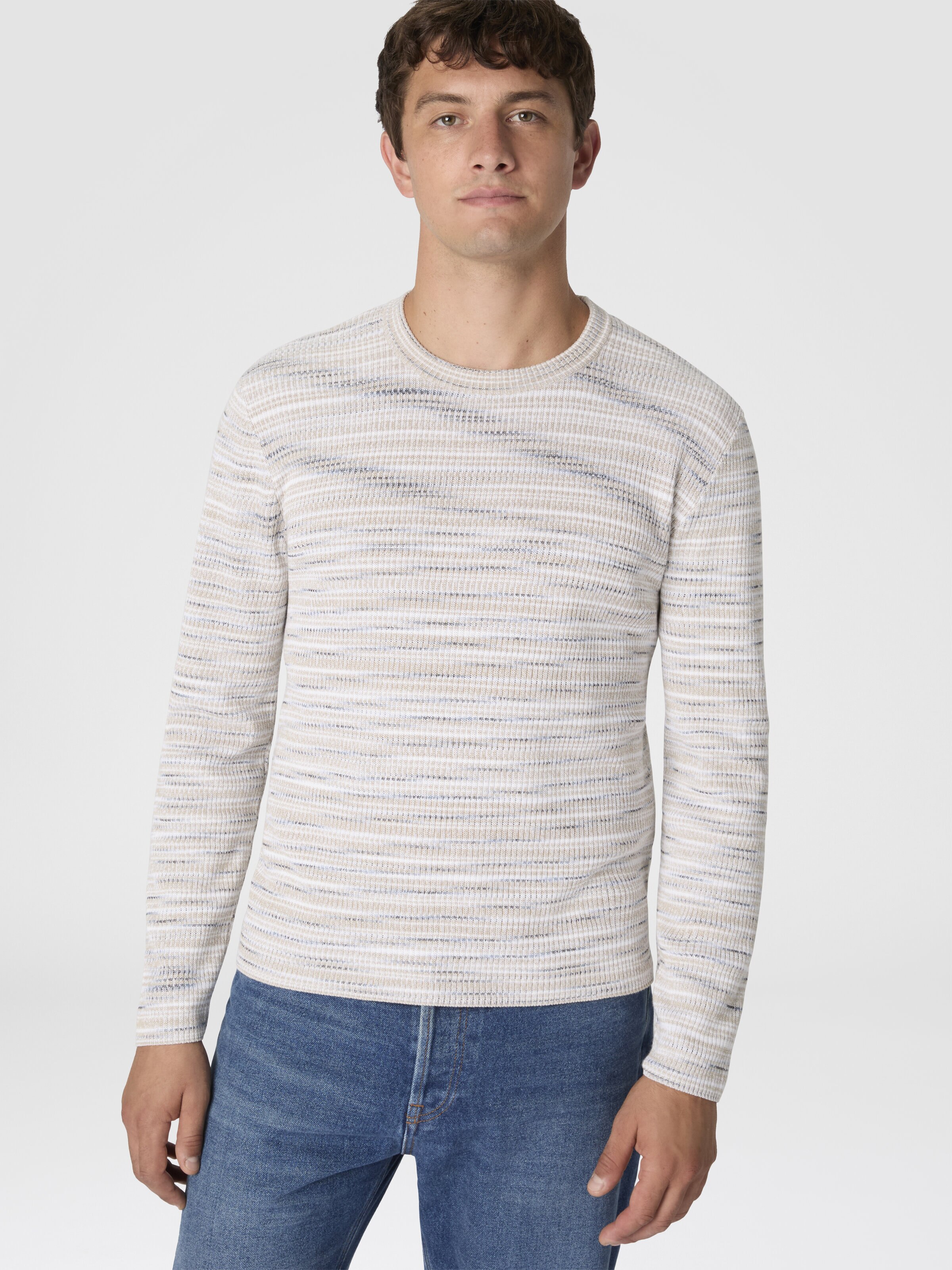 Ribbed crew-neck flamed cotton pullover, Multicoloured  - 3