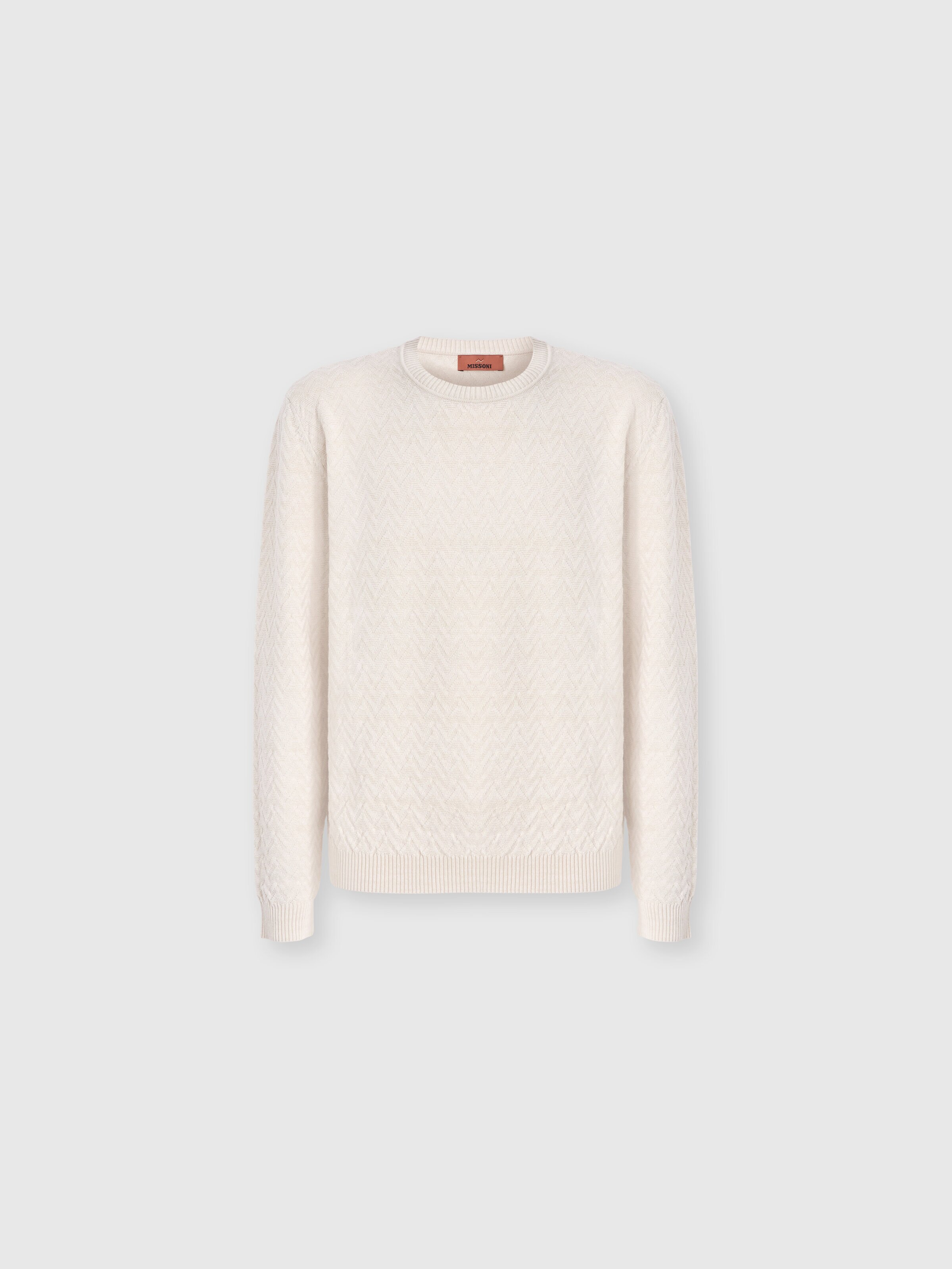 Jersey de cuello redondo en lana y algodón con motivo de zigzag tono sobre tono, Beige - 0