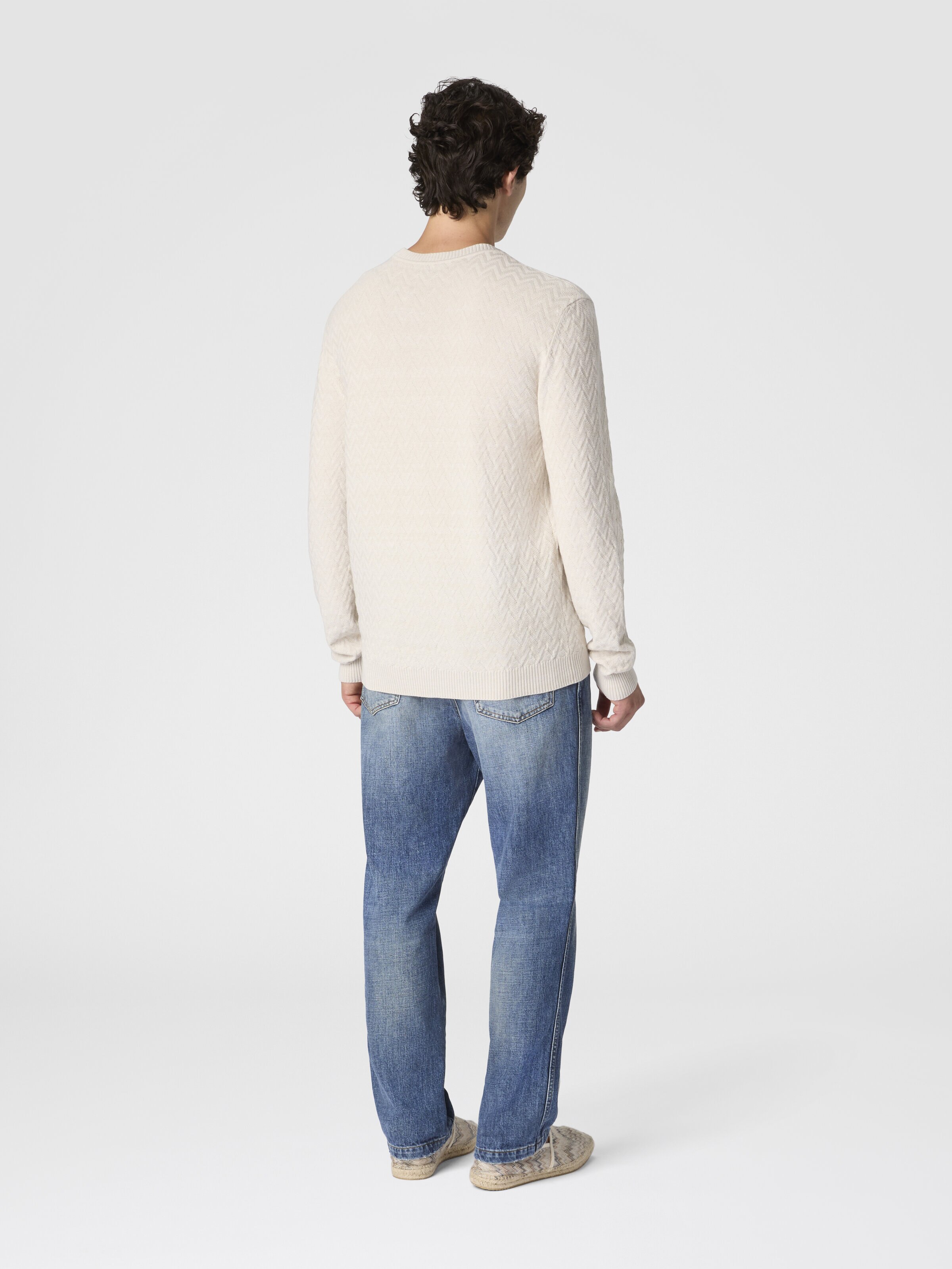 Jersey de cuello redondo en lana y algodón con motivo de zigzag tono sobre tono, Beige - 2