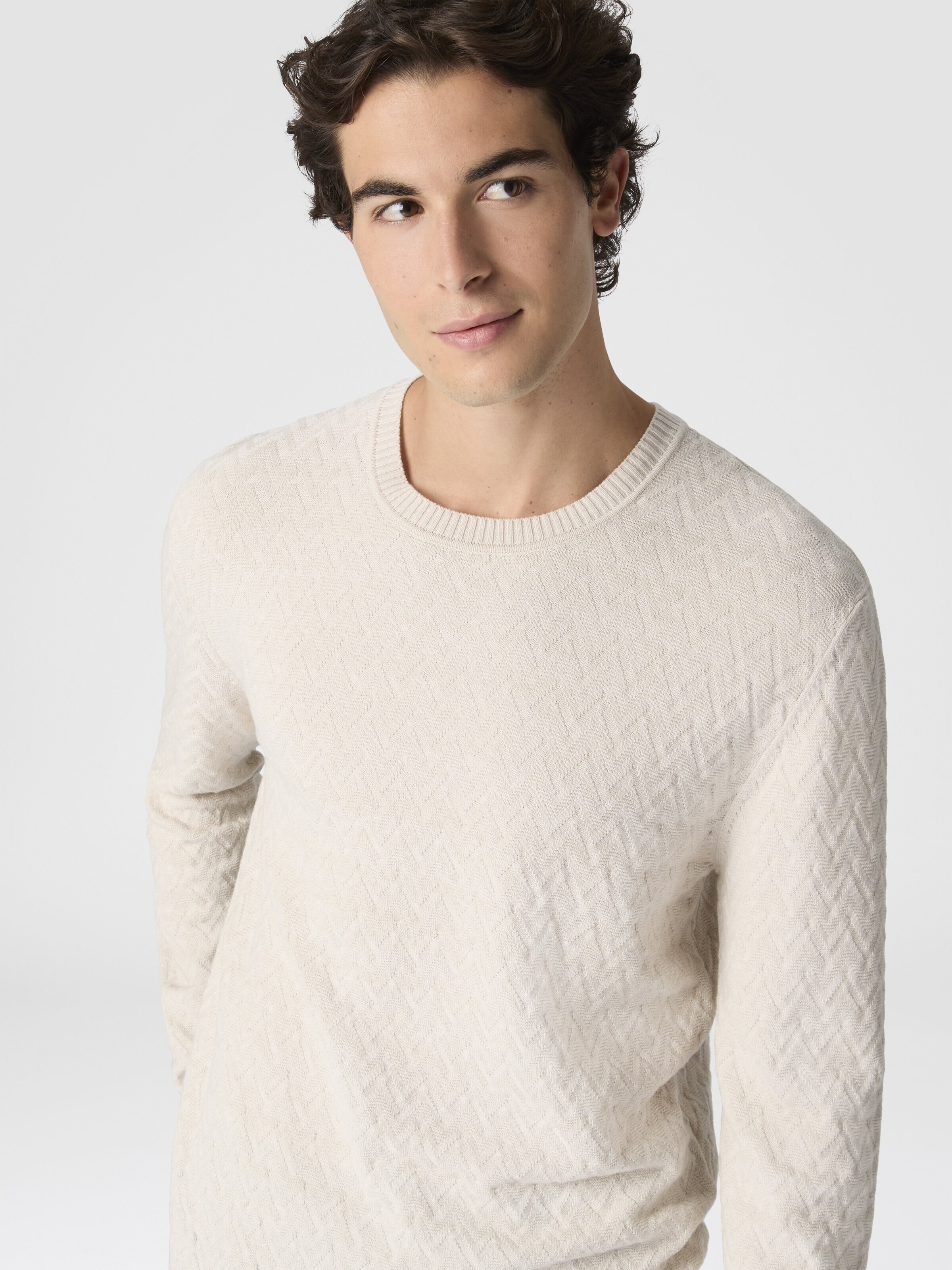 Jersey de cuello redondo en lana y algodón con motivo de zigzag tono sobre tono, Beige - 3