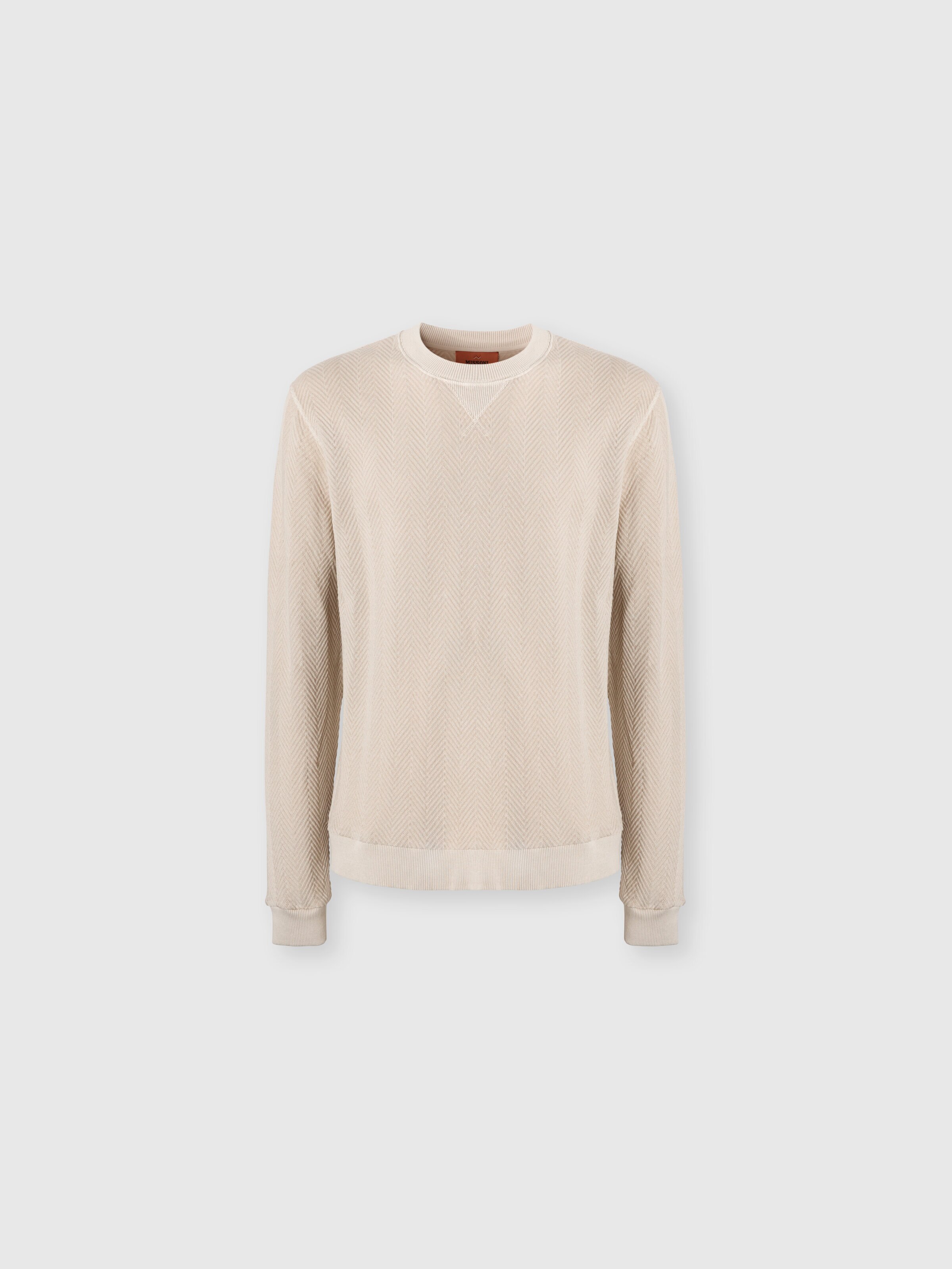 Crew-neck cotton and viscose sweatshirt with tone-on-tone zigzag pattern, Beige - 0