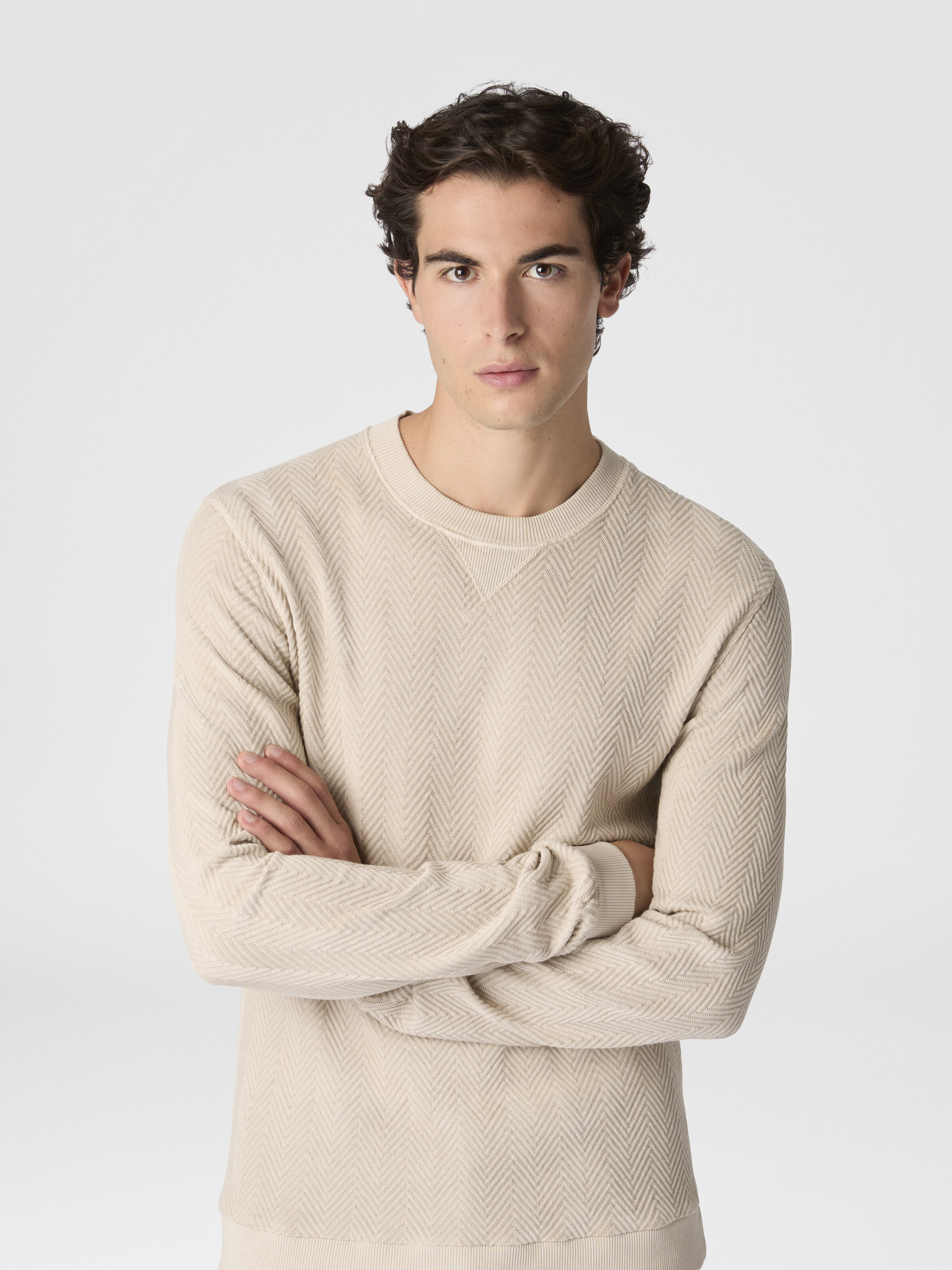 Crew-neck cotton and viscose sweatshirt with tone-on-tone zigzag pattern, Beige - 3