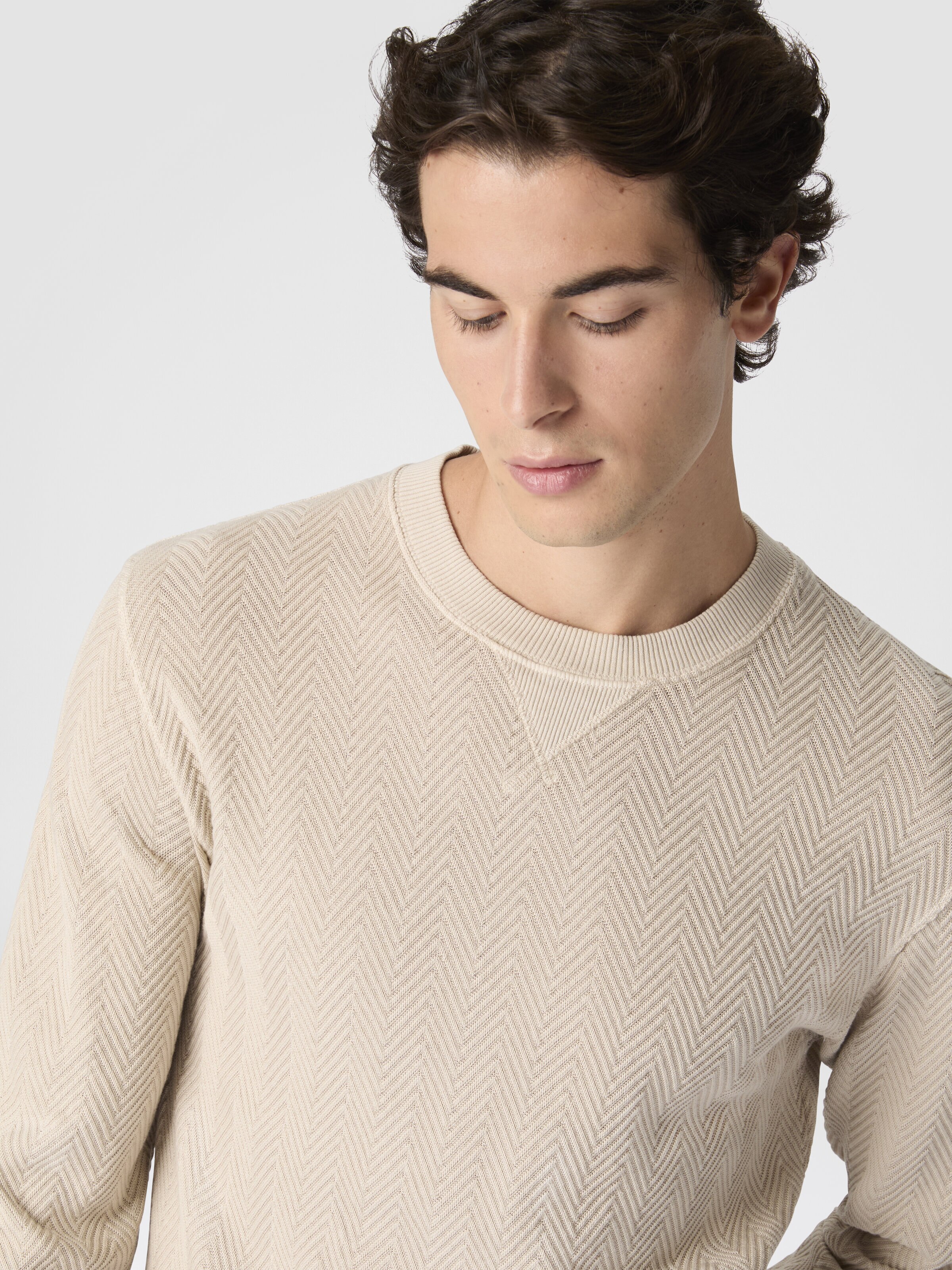 Crew-neck cotton and viscose sweatshirt with tone-on-tone zigzag pattern, Beige - 4