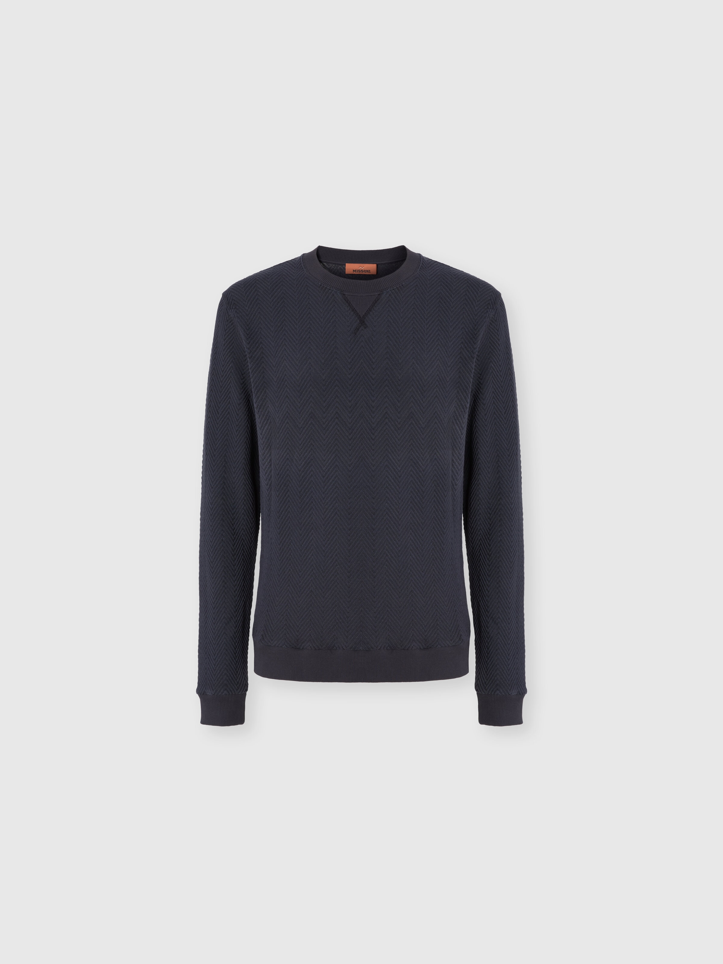 Crew-neck cotton and viscose sweatshirt with tone-on-tone zigzag pattern, Blue - 0