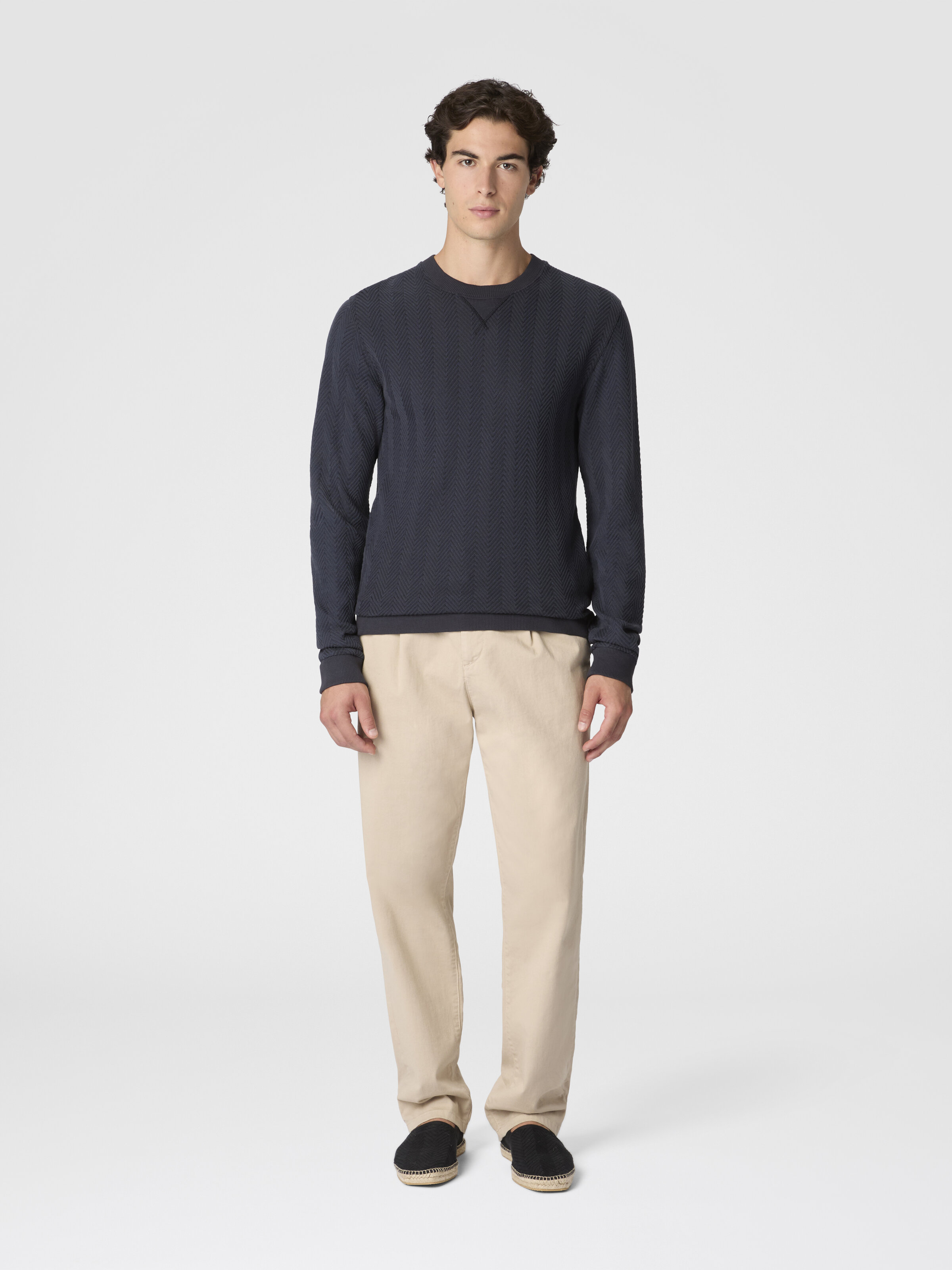 Crew-neck cotton and viscose sweatshirt with tone-on-tone zigzag pattern, Blue - 1