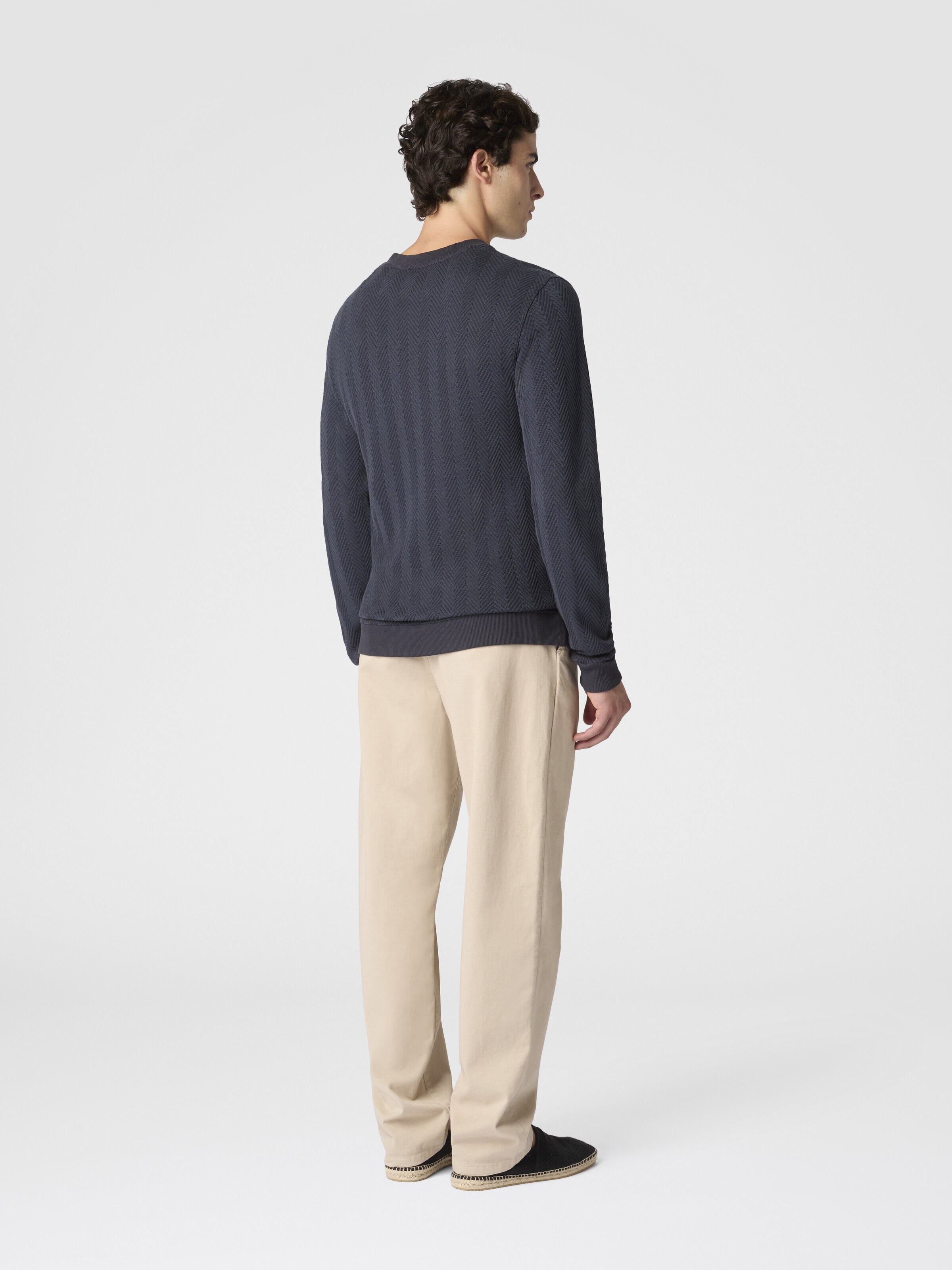 Crew-neck cotton and viscose sweatshirt with tone-on-tone zigzag pattern, Blue - 2