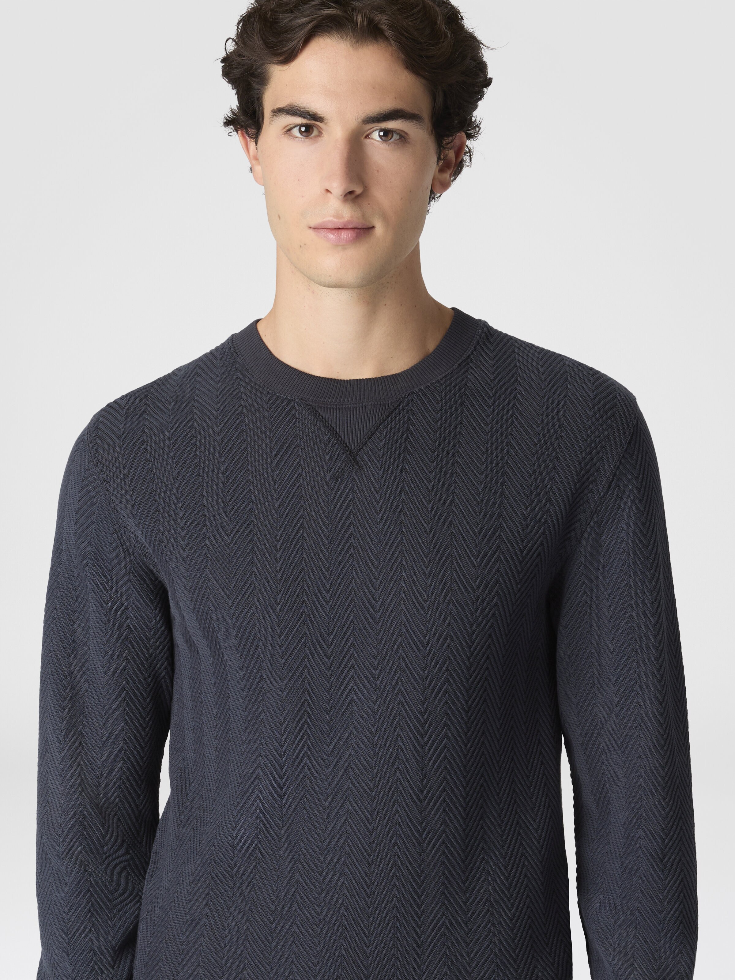 Crew-neck cotton and viscose sweatshirt with tone-on-tone zigzag pattern, Blue - 3