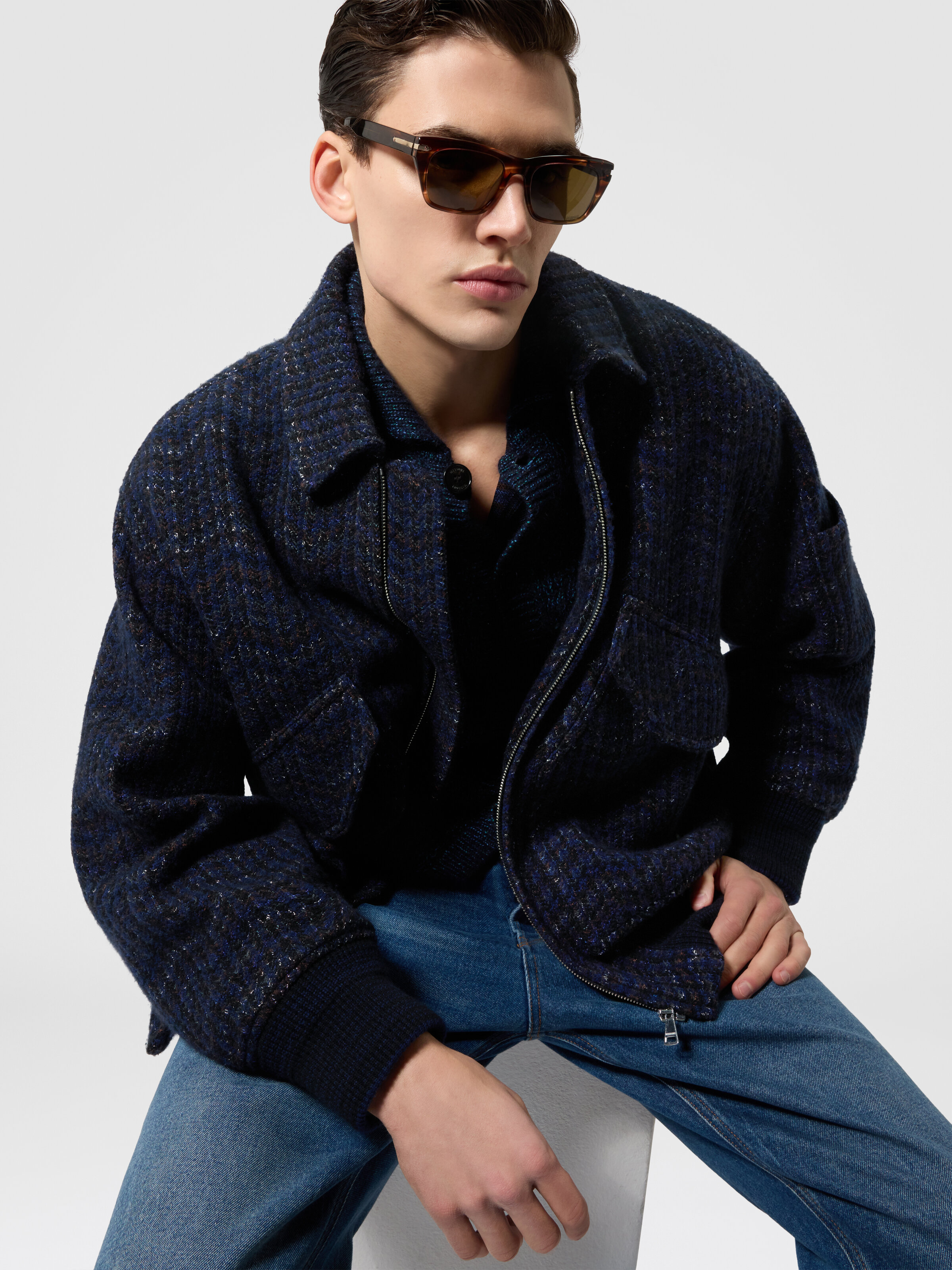 Cashmere and viscose bomber jacket with pockets Blue | Missoni