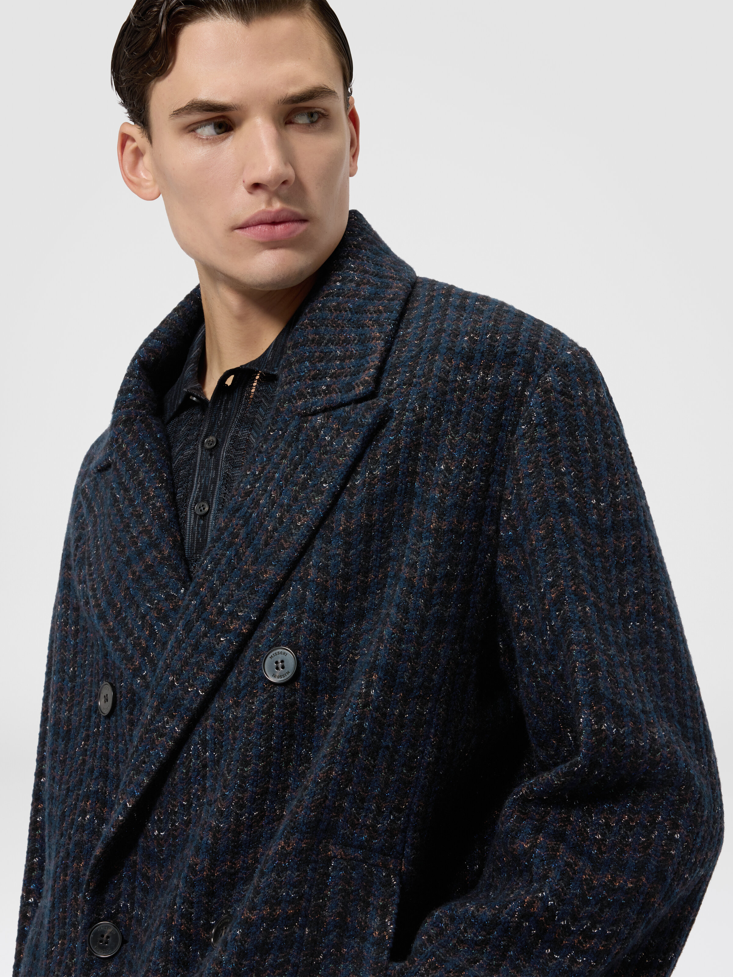 Double-breasted cashmere and viscose coat Blue | Missoni